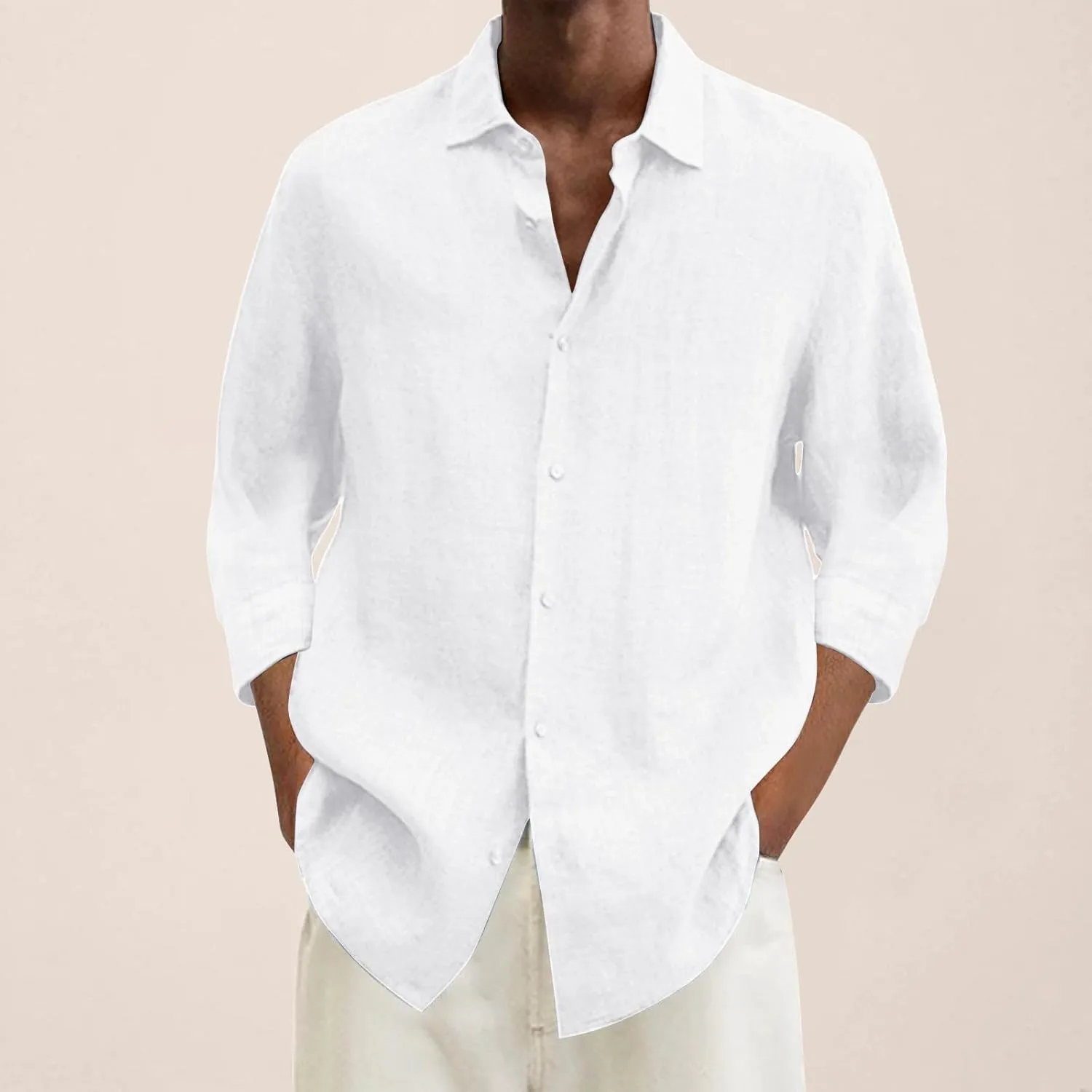 Linen Shirts for Men Big and Tall Casual Button Down Long Sleeve Solid Spread Collar Shirt Summer Hawaiian Beach Tops