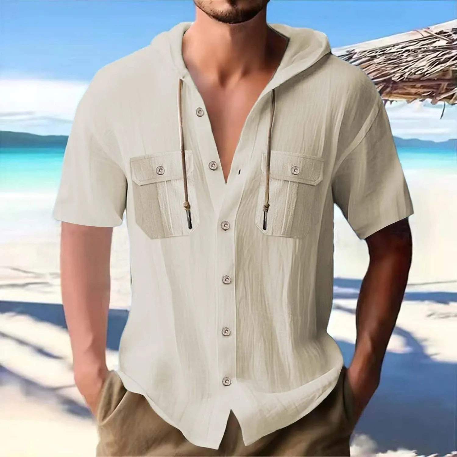 Linen Shirts for Men Solid Color Guayabera Shirts with Hooded Casual Short Sleeve Sweatshirt Button Down Beach Tops