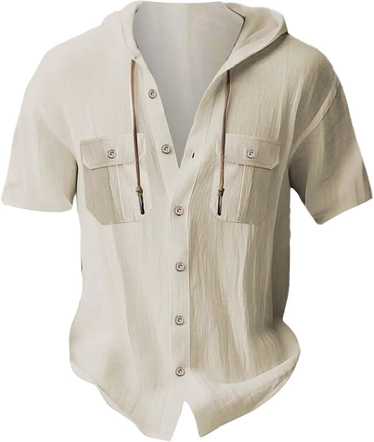 Linen Shirts for Men Solid Color Guayabera Shirts with Hooded Casual Short Sleeve Sweatshirt Button Down Beach Tops
