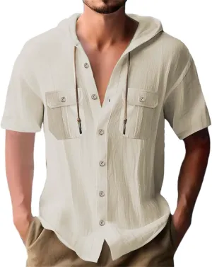 Linen Shirts for Men Solid Color Guayabera Shirts with Hooded Casual Short Sleeve Sweatshirt Button Down Beach Tops