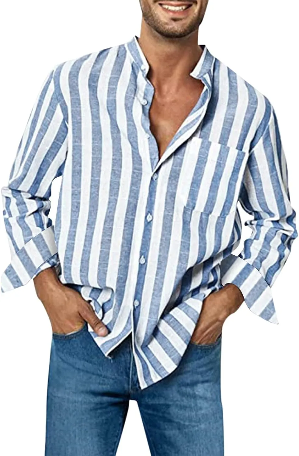 Long Sleeve Shirts for Men Buckle Collar Pocket Long Sleeve Shirt Top Long Sleeve Shirt Mens Dress Shirts Button