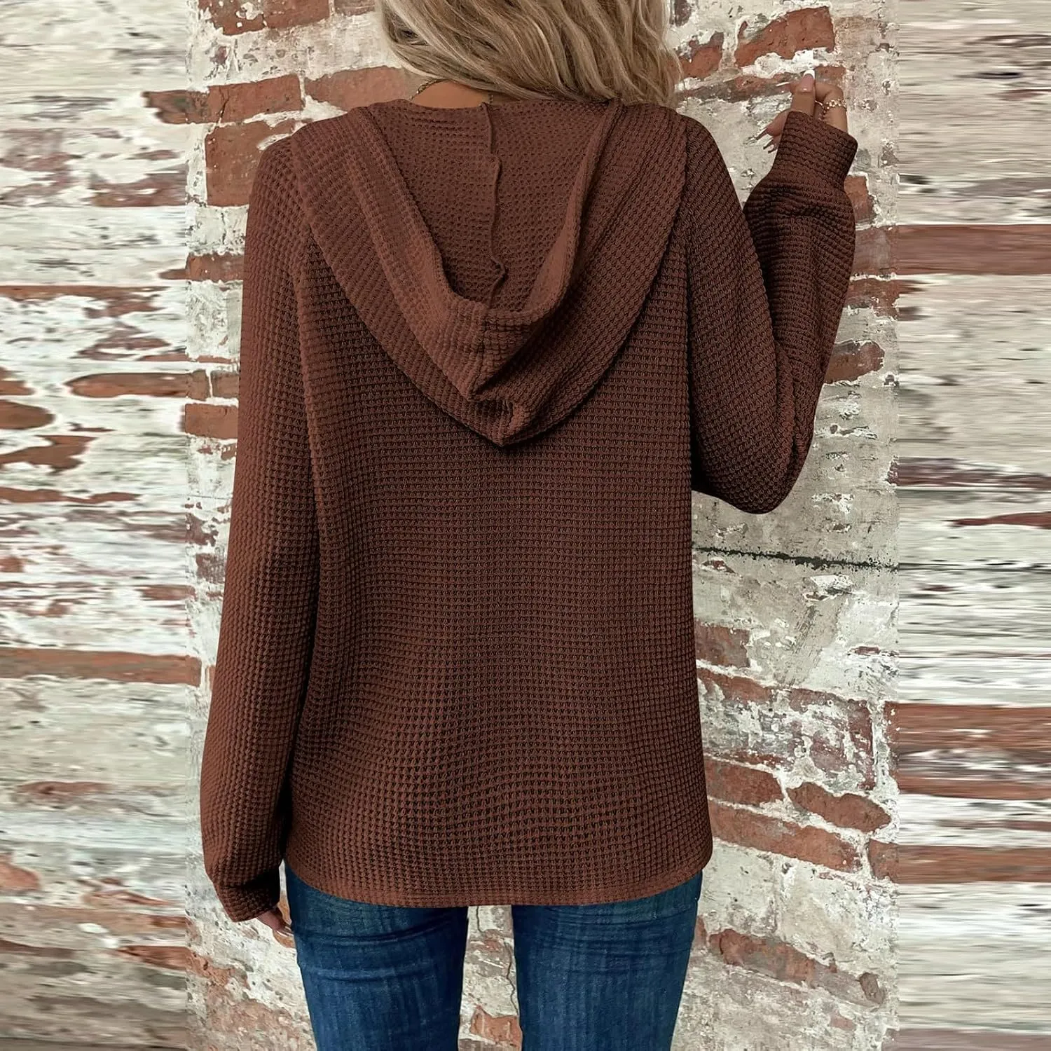 Long Sleeve Shirts for Women Waffle Knit Tunic Sweater Tops Casual Button Down Blouses Top Soft Hooded Sweatshirts