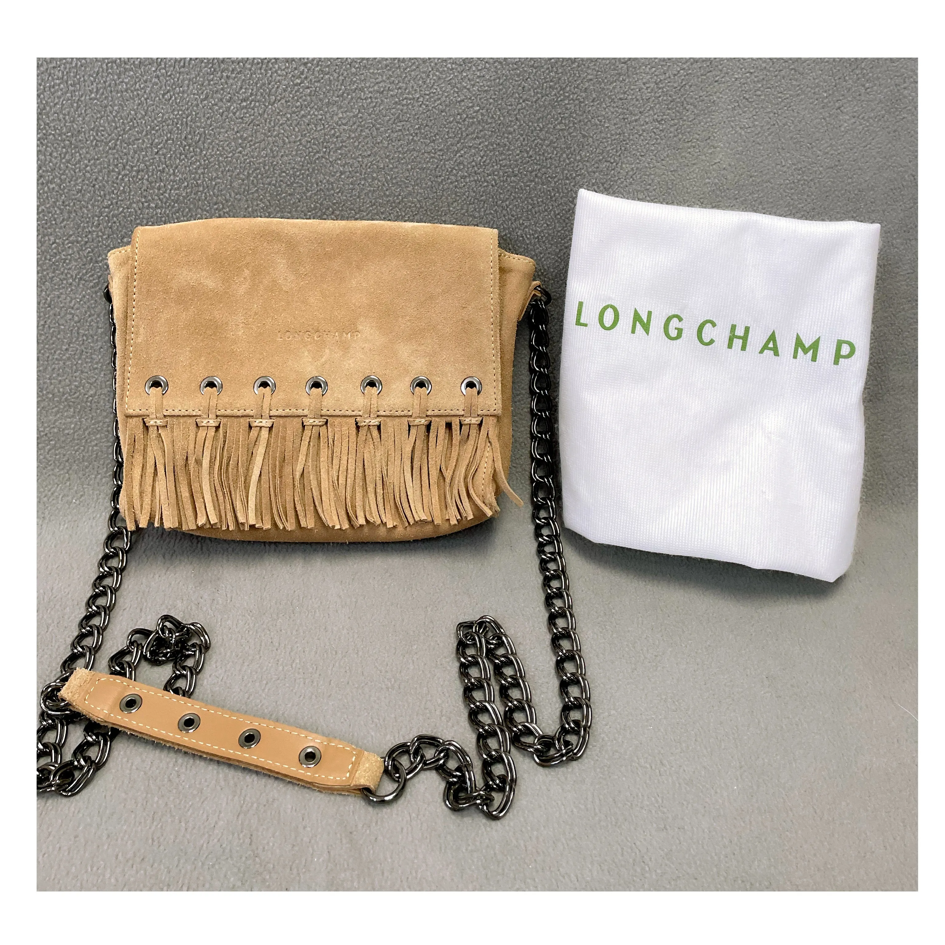 Longchamp tan suede Paris Rocks N Folk Crossbody bag, NEW WITH TAGS!