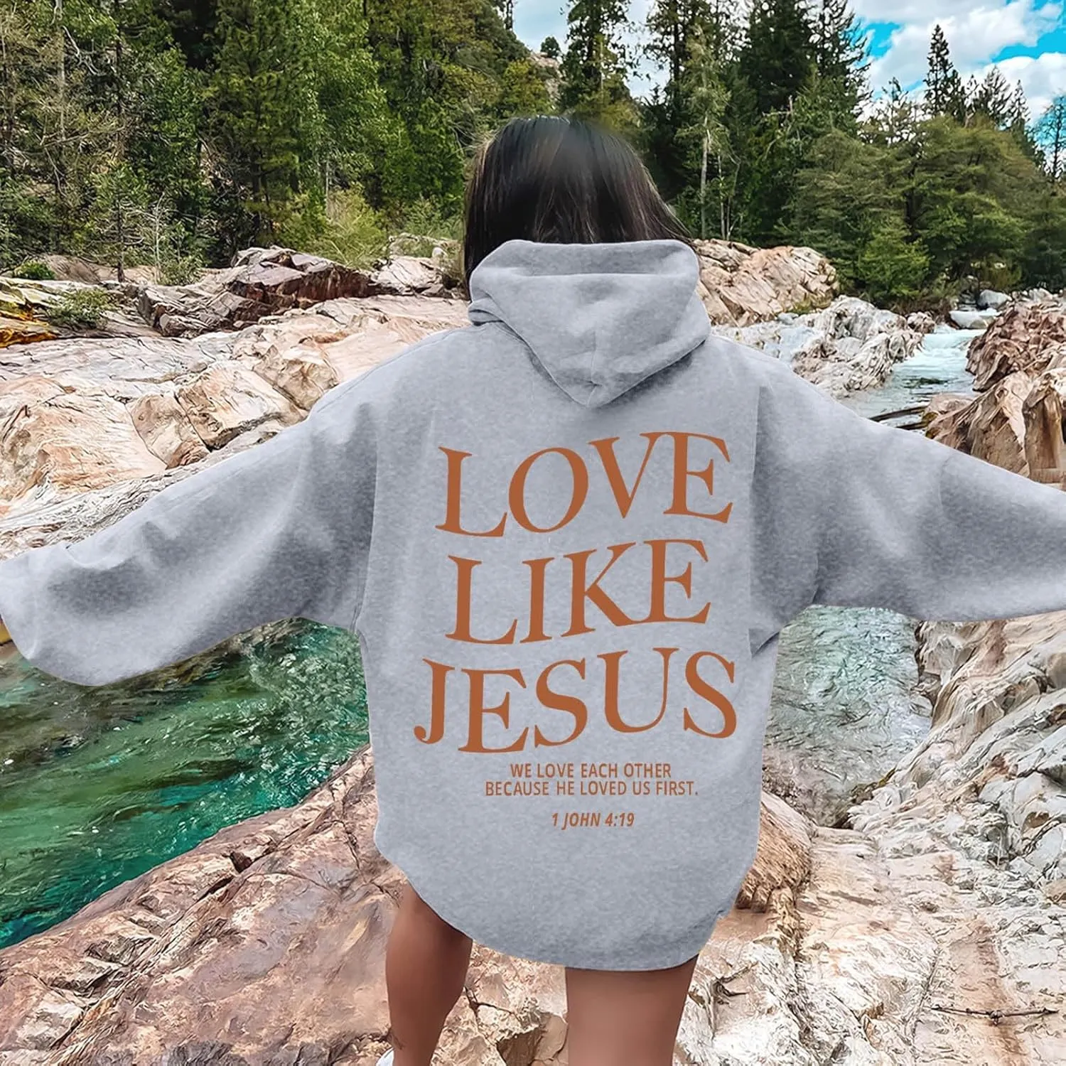 Love Like Jesus Graphic Christian Hoodies for Women Girls Bible Verse Oversized Long Sleeve Pocket Y2K Sweatshirt