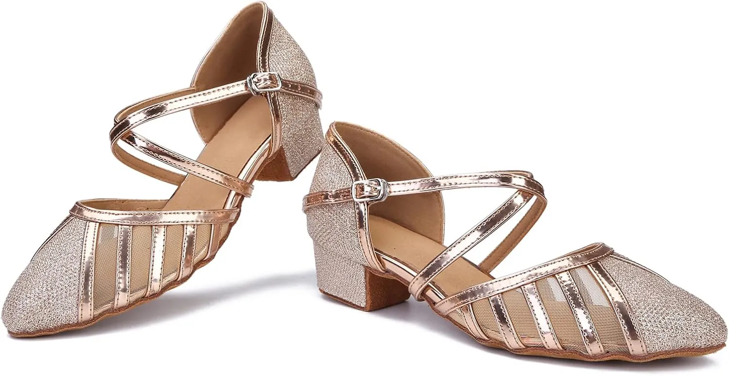 Low Heel Ballroom Dance Shoes Women Latin Salsa Wedding Practice Dancing Shoes Sparkle Comfortable Closed Toe Dance Heels 1.5inch