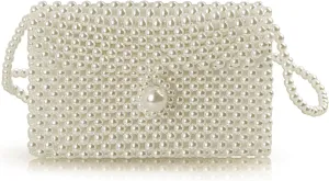 Luxury White Pearl Purses Shoulder Bag for Women Pearl Bag Crossbody Beaded Clutch Evening Bag (White Set1)