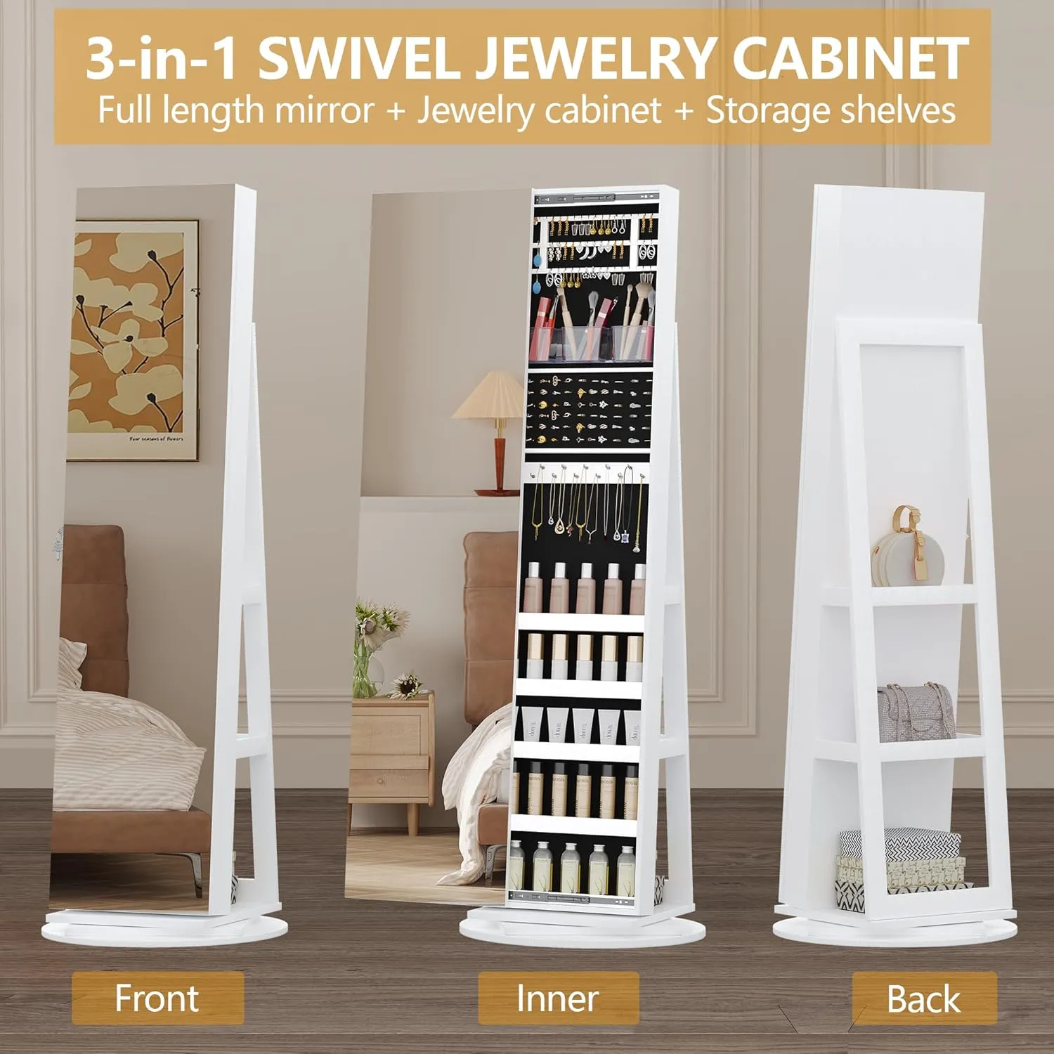 LVSOMT 360 Swivel Jewelry Armoire Cabinet, Full Length Mirror with Jewelry Storage, Standing Jewelry Armoire Organizer with Mirror, Rotatable, Large Capacity (White)