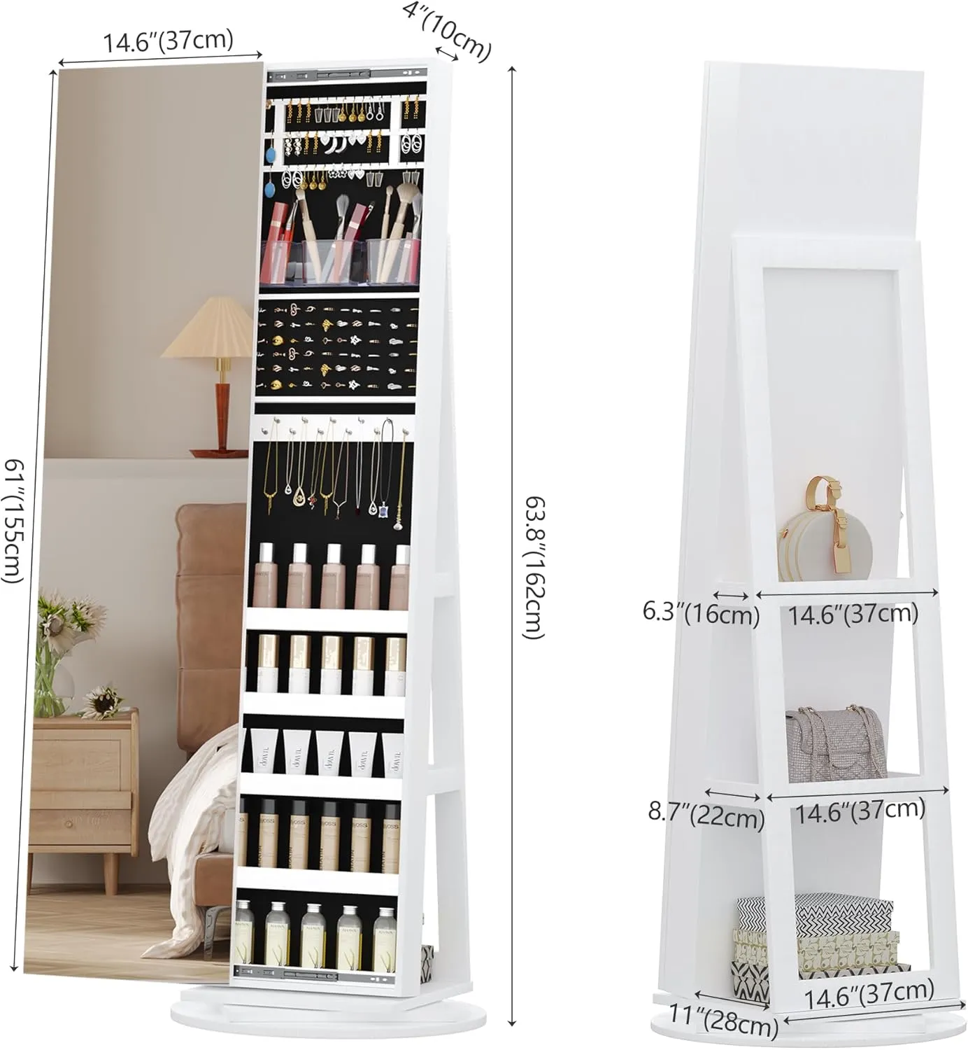 LVSOMT 360 Swivel Jewelry Armoire Cabinet, Full Length Mirror with Jewelry Storage, Standing Jewelry Armoire Organizer with Mirror, Rotatable, Large Capacity (White)