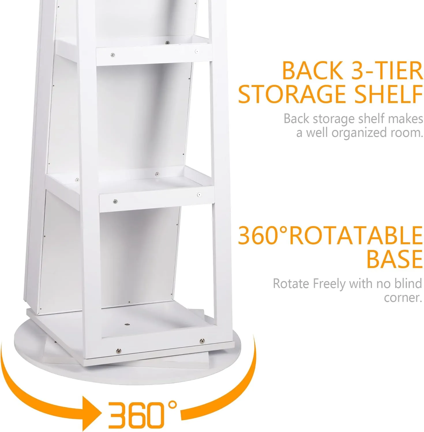 LVSOMT 360 Swivel Jewelry Armoire Cabinet, Full Length Mirror with Jewelry Storage, Standing Jewelry Armoire Organizer with Mirror, Rotatable, Large Capacity (White)