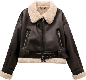 LY VAREY LIN Women's Faux Shearing Fur Bomber Jacket Cropped Aviator Leather Coat Outerwear