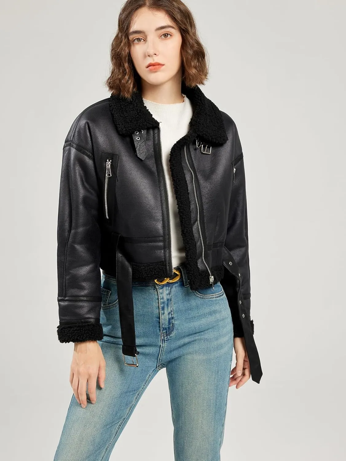 LY VAREY LIN Women's Faux Shearing Fur Bomber Jacket Cropped Aviator Leather Coat Outerwear