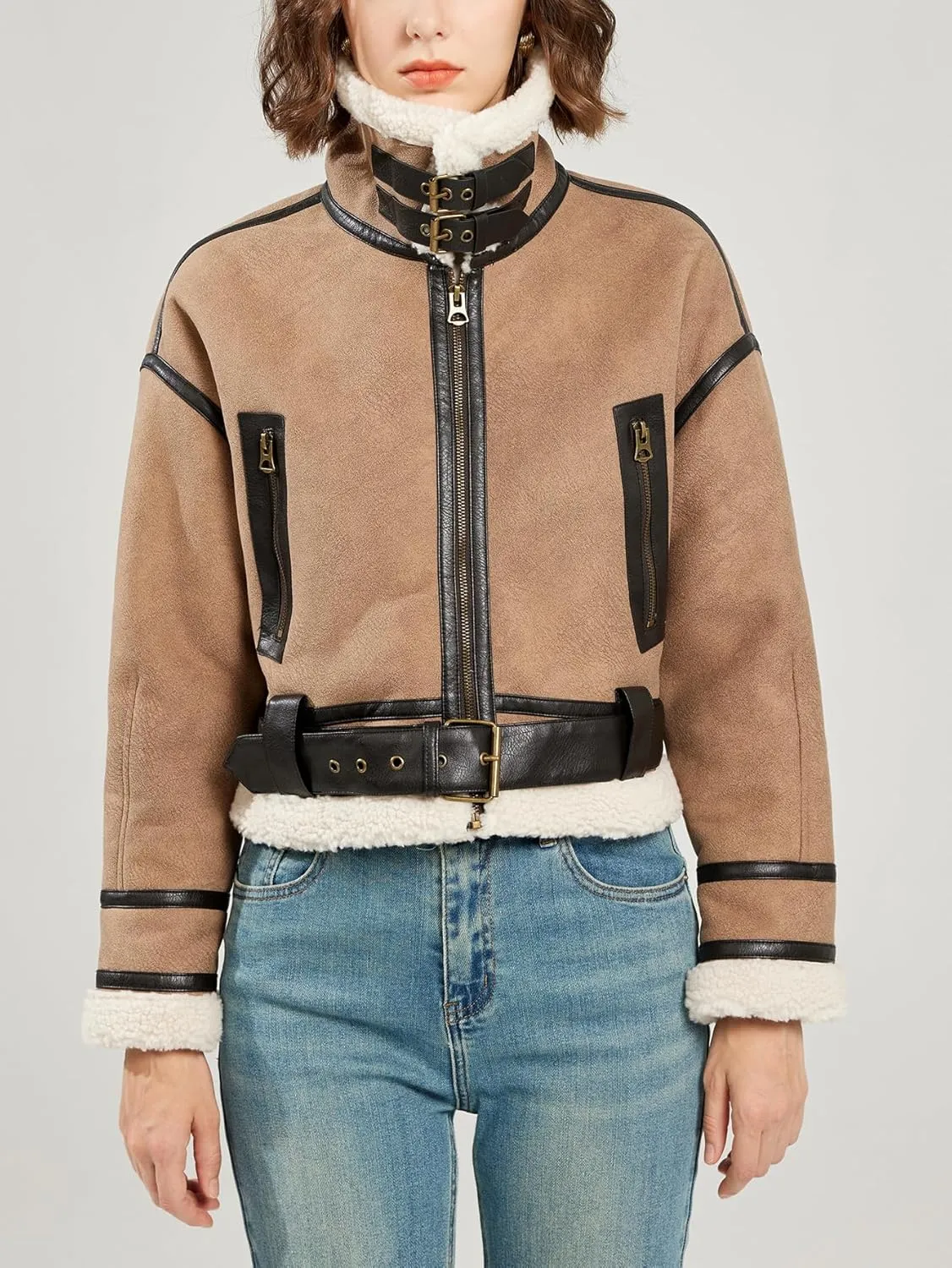 LY VAREY LIN Women's Faux Shearing Fur Bomber Jacket Cropped Aviator Leather Coat Outerwear