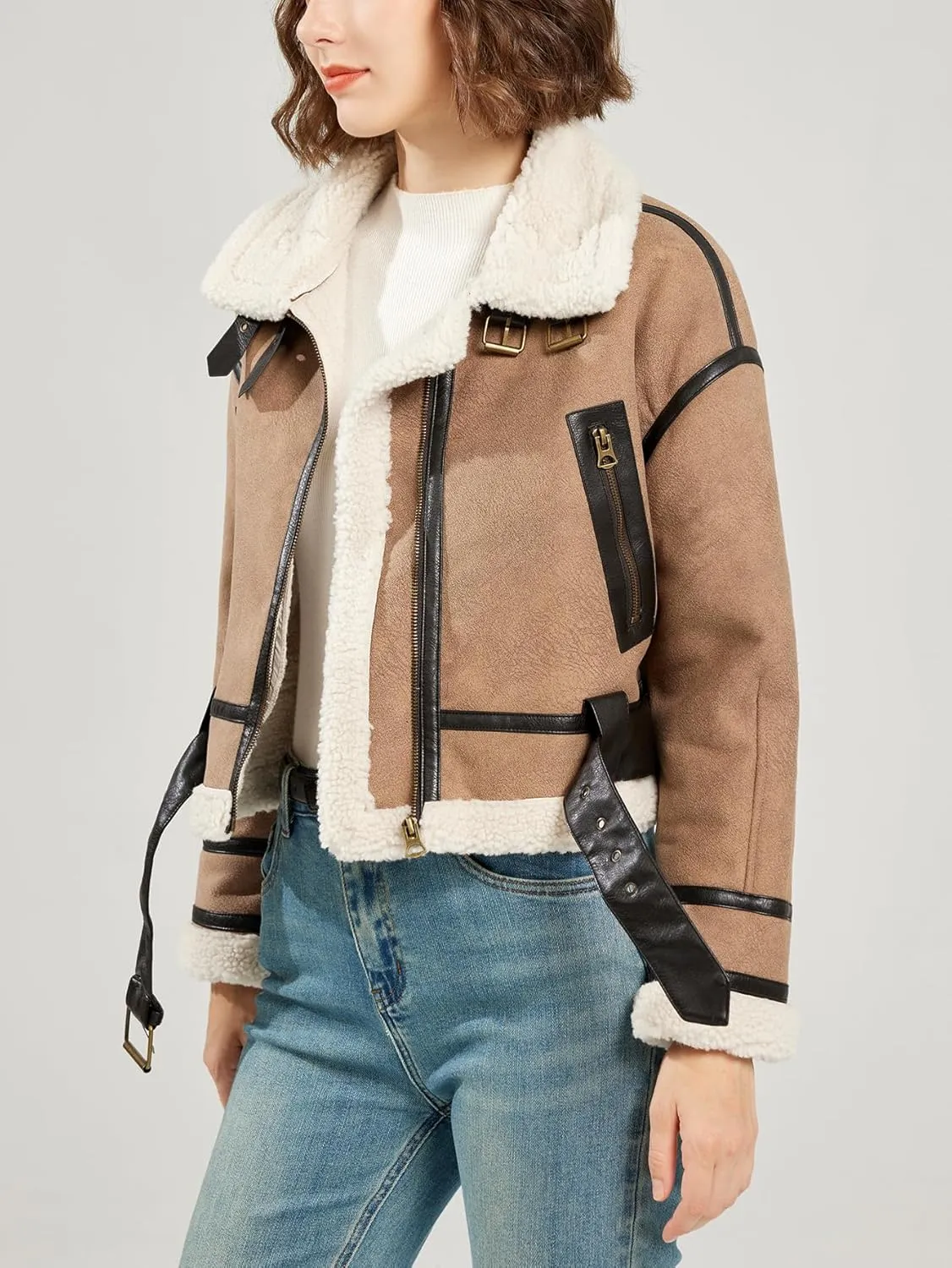 LY VAREY LIN Women's Faux Shearing Fur Bomber Jacket Cropped Aviator Leather Coat Outerwear