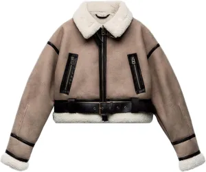 LY VAREY LIN Women's Faux Shearing Fur Bomber Jacket Cropped Aviator Leather Coat Outerwear