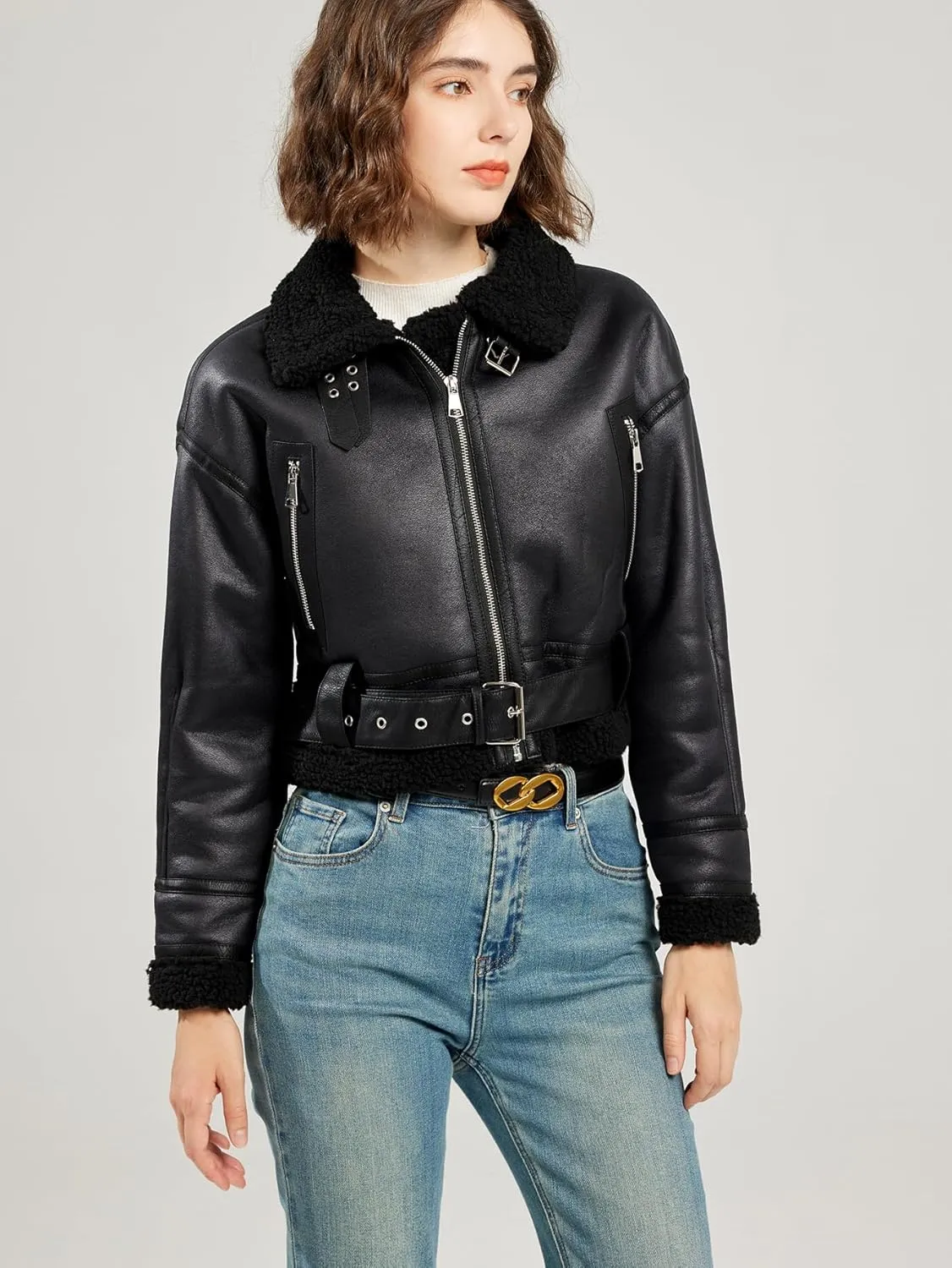 LY VAREY LIN Women's Faux Shearing Fur Bomber Jacket Cropped Aviator Leather Coat Outerwear