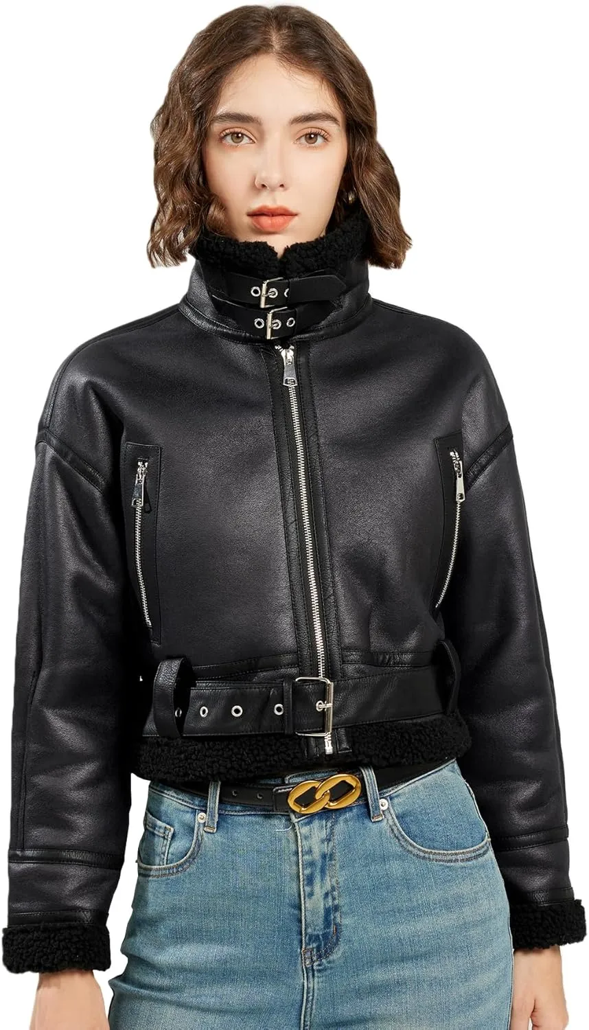 LY VAREY LIN Women's Faux Shearing Fur Bomber Jacket Cropped Aviator Leather Coat Outerwear