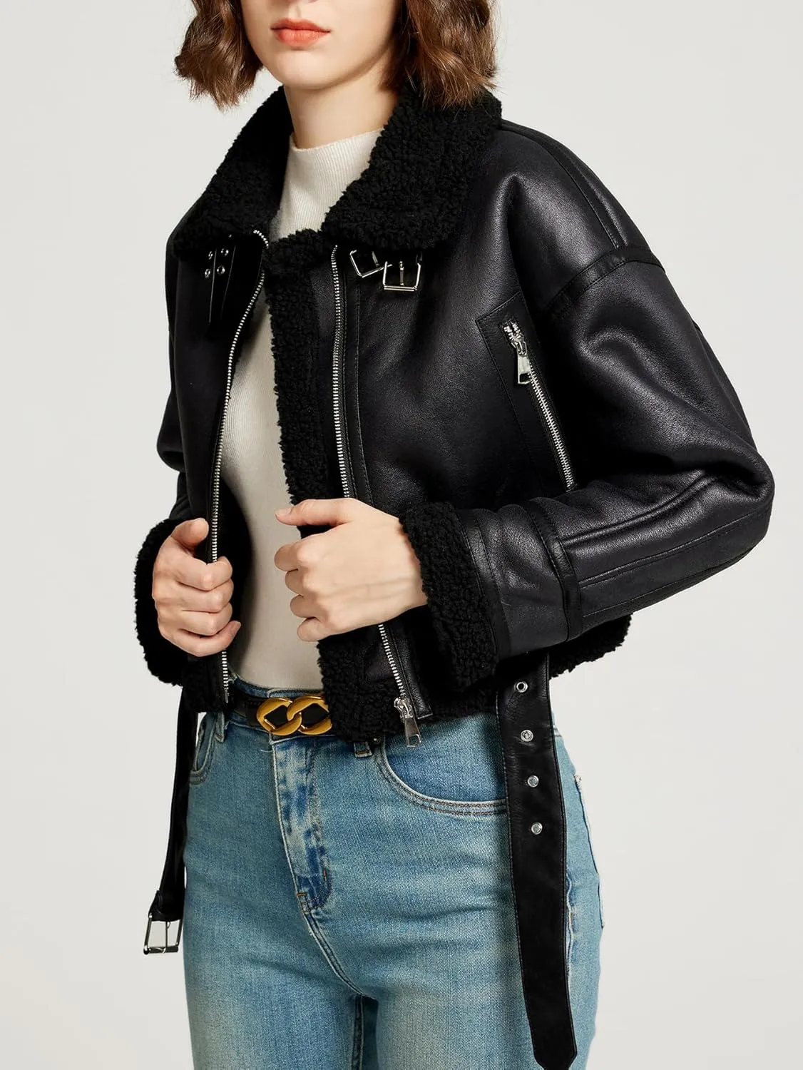 LY VAREY LIN Women's Faux Shearing Fur Bomber Jacket Cropped Aviator Leather Coat Outerwear