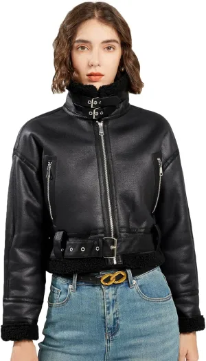 LY VAREY LIN Women's Faux Shearing Fur Bomber Jacket Cropped Aviator Leather Coat Outerwear