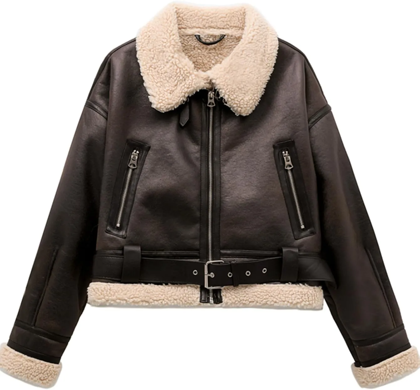 LY VAREY LIN Women's Faux Shearing Fur Bomber Jacket Cropped Aviator Leather Coat Outerwear