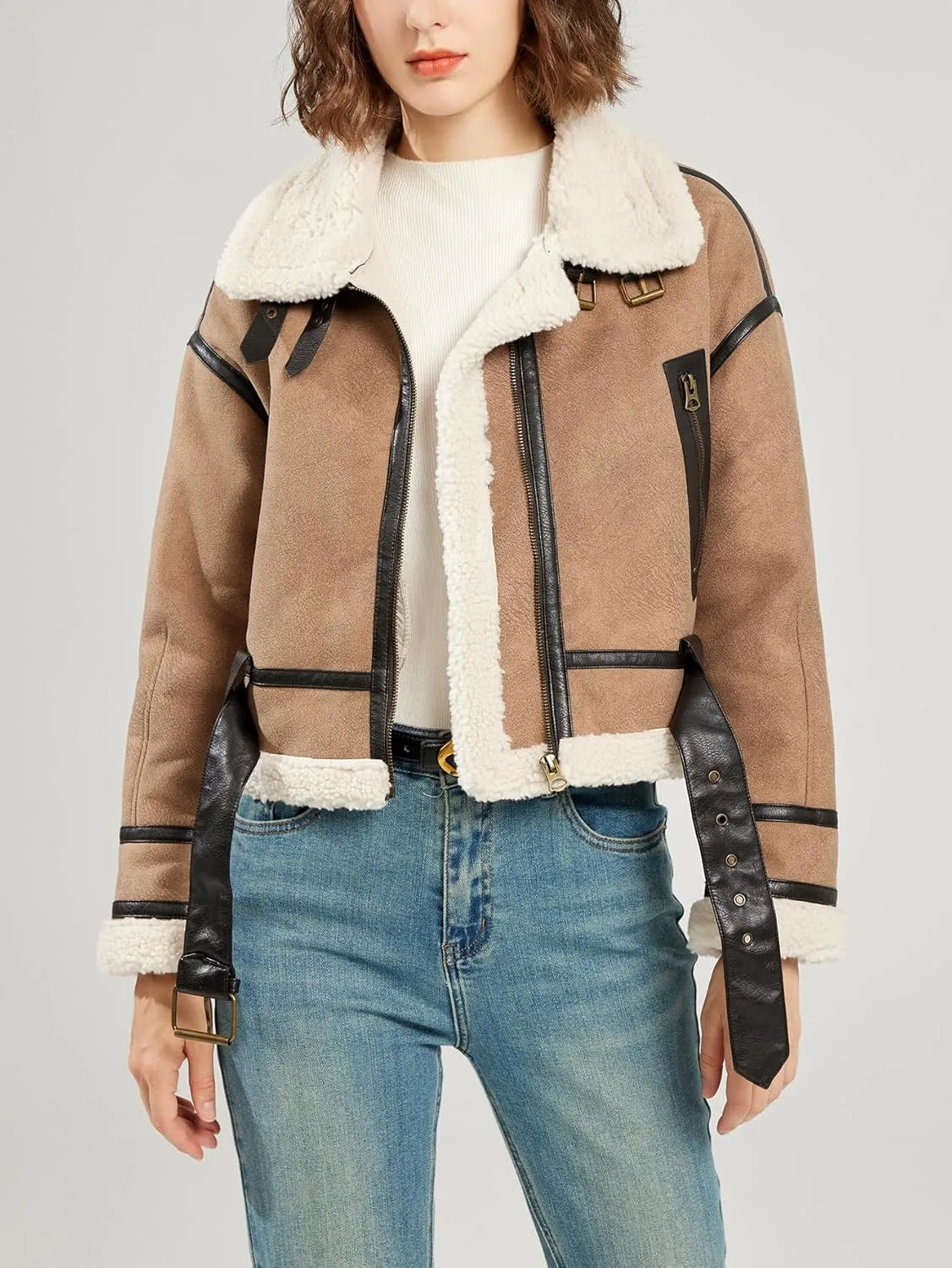 LY VAREY LIN Women's Faux Shearing Fur Bomber Jacket Cropped Aviator Leather Coat Outerwear