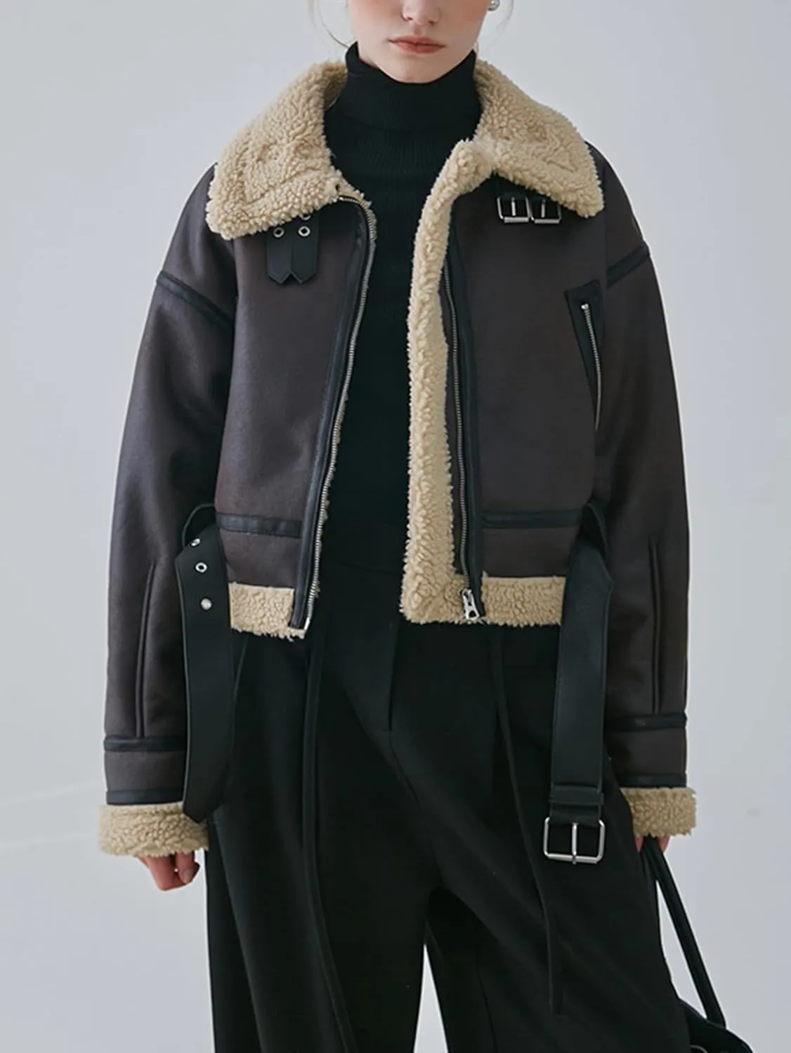 LY VAREY LIN Women's Faux Shearing Fur Bomber Jacket Cropped Aviator Leather Coat Outerwear