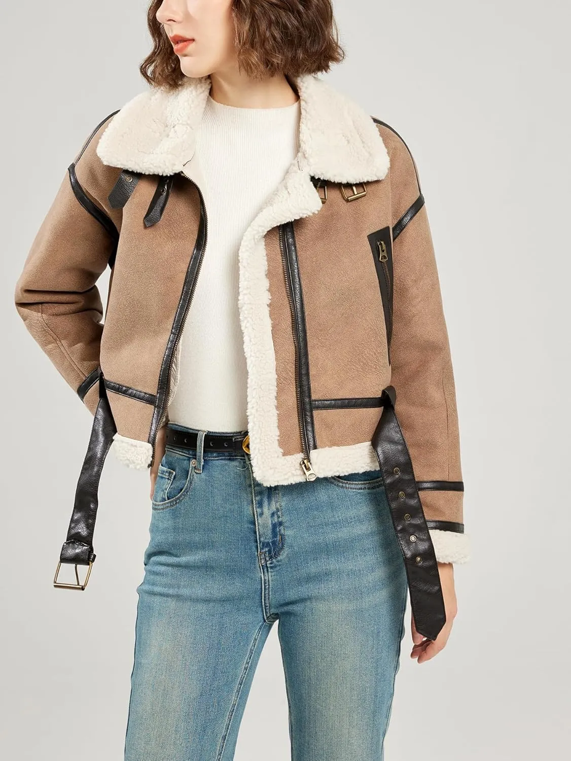 LY VAREY LIN Women's Faux Shearing Fur Bomber Jacket Cropped Aviator Leather Coat Outerwear