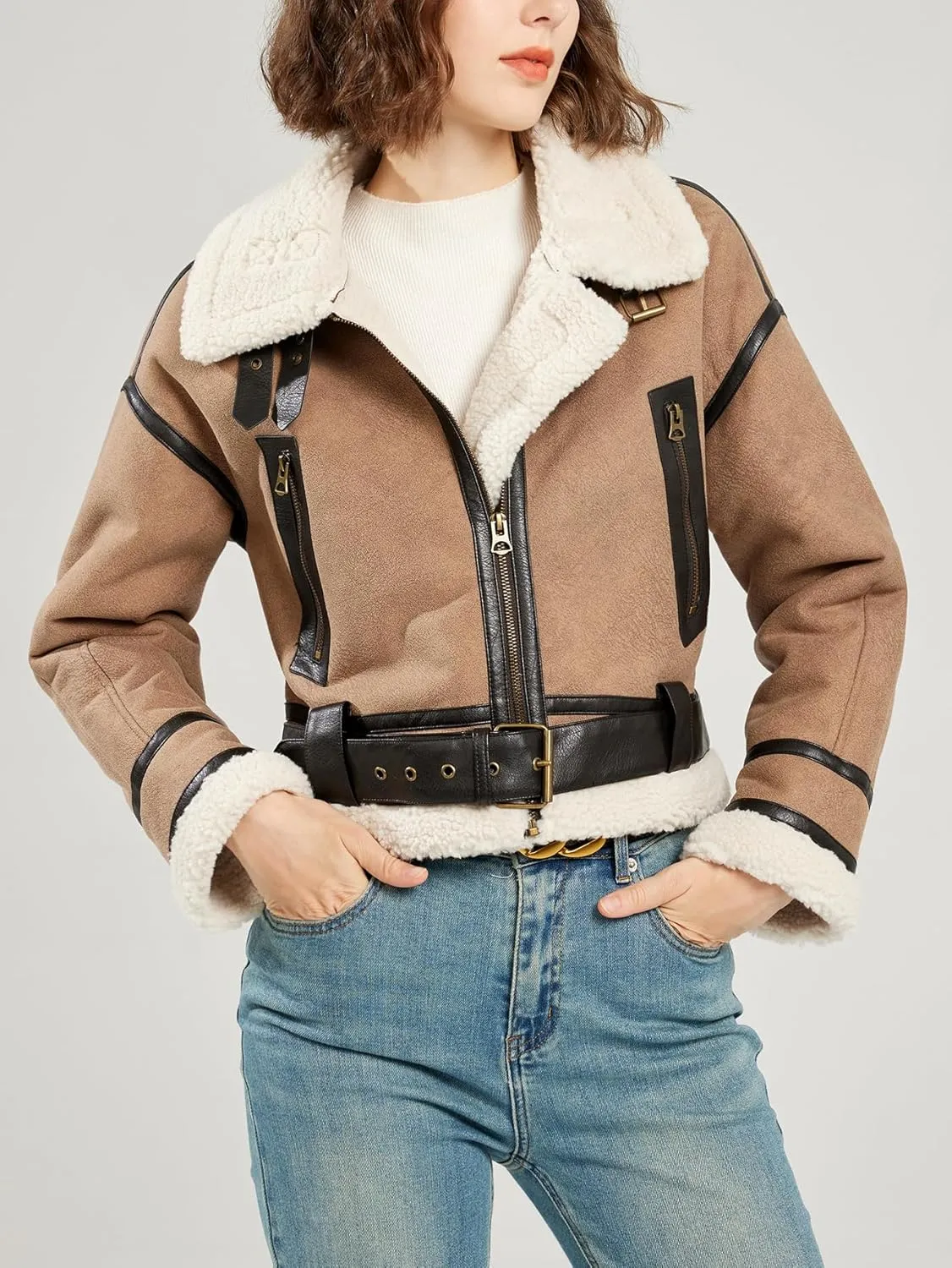 LY VAREY LIN Women's Faux Shearing Fur Bomber Jacket Cropped Aviator Leather Coat Outerwear
