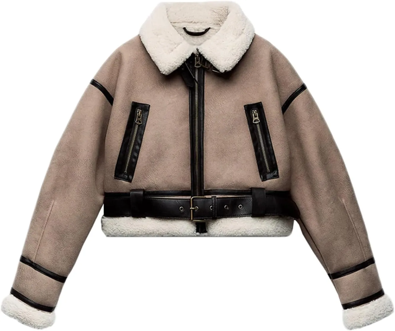 LY VAREY LIN Women's Faux Shearing Fur Bomber Jacket Cropped Aviator Leather Coat Outerwear