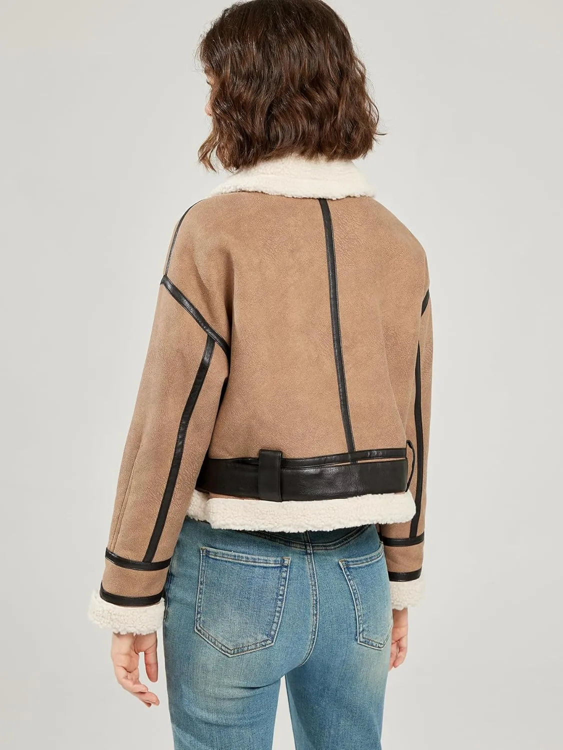 LY VAREY LIN Women's Faux Shearing Fur Bomber Jacket Cropped Aviator Leather Coat Outerwear