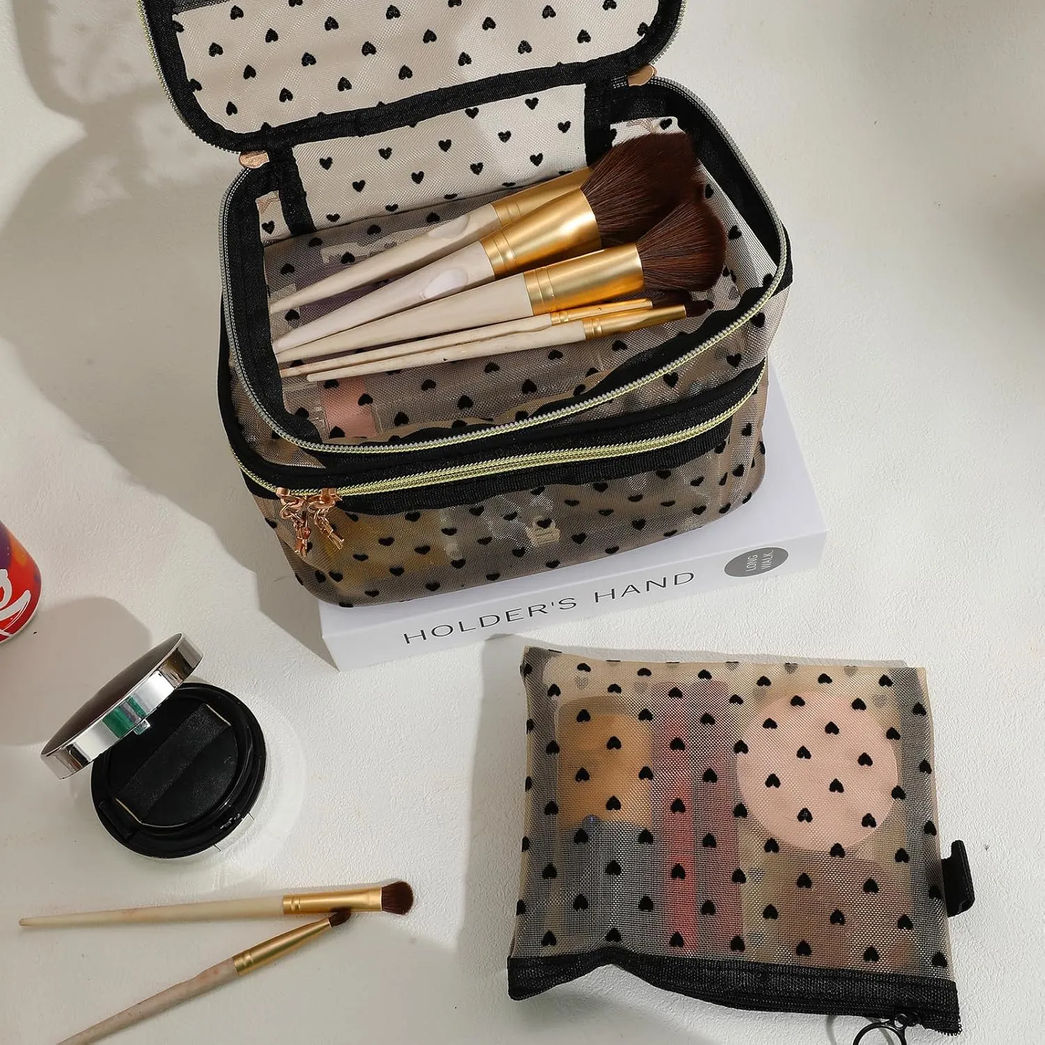LYDZTION 2PCS Mesh Makeup Bag for Women,Double Layer Portable Large Capacity Clear Makeup bag, Love Mesh Travel Bag Toiletry Storage Bag for Women