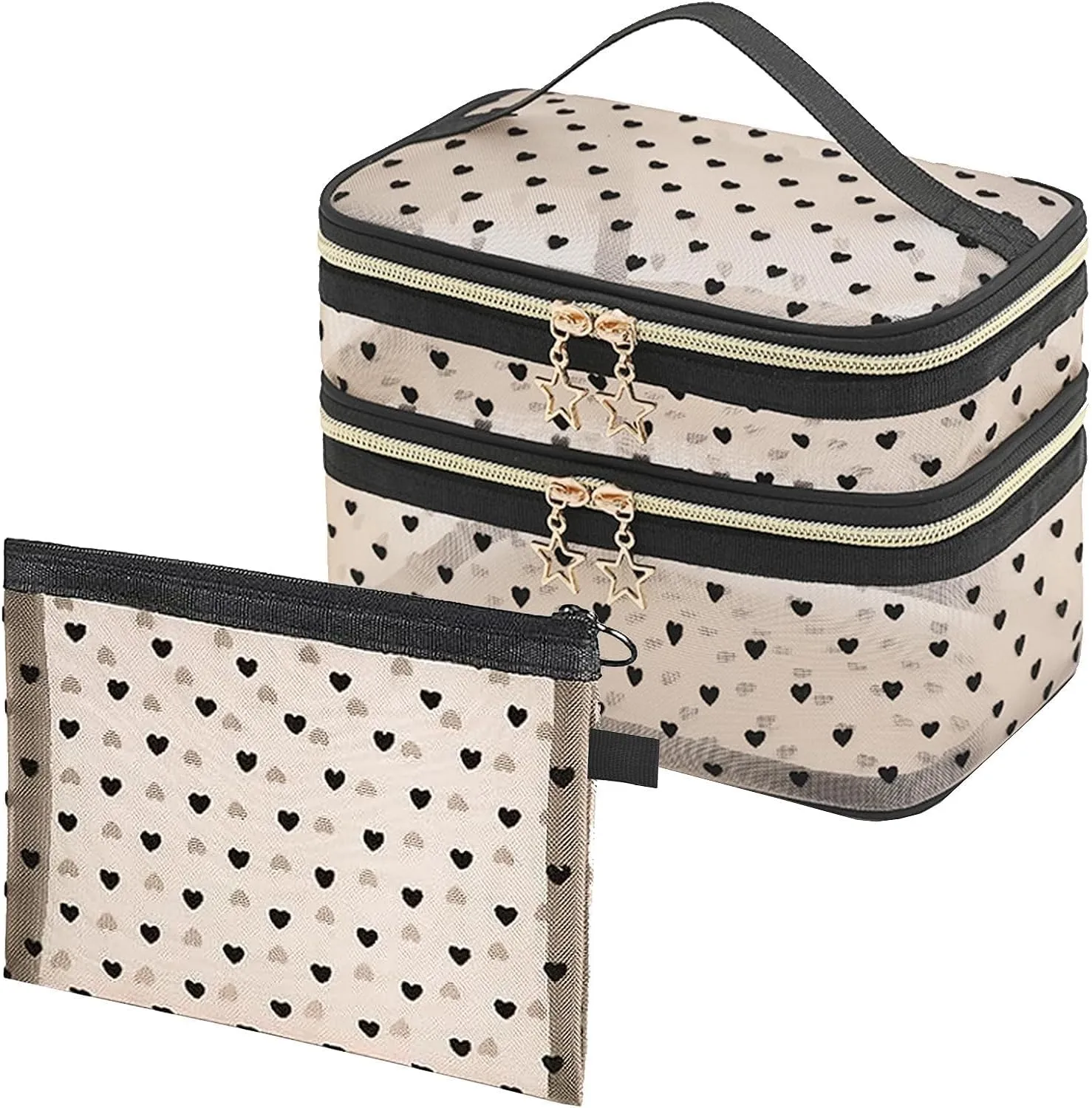 LYDZTION 2PCS Mesh Makeup Bag for Women,Double Layer Portable Large Capacity Clear Makeup bag, Love Mesh Travel Bag Toiletry Storage Bag for Women