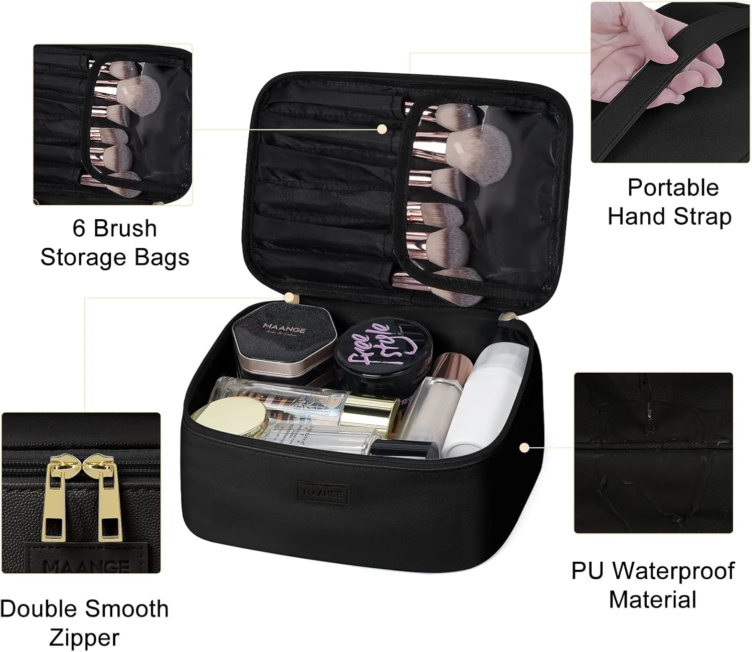 MAANGE Makeup Bag - Large Cosmetic Bag with 2pcs Small Makeup Bags Portable Leather Travel Makeup Bag Set Toiletry Bag Make Up Bags for Women and Girls (Black)