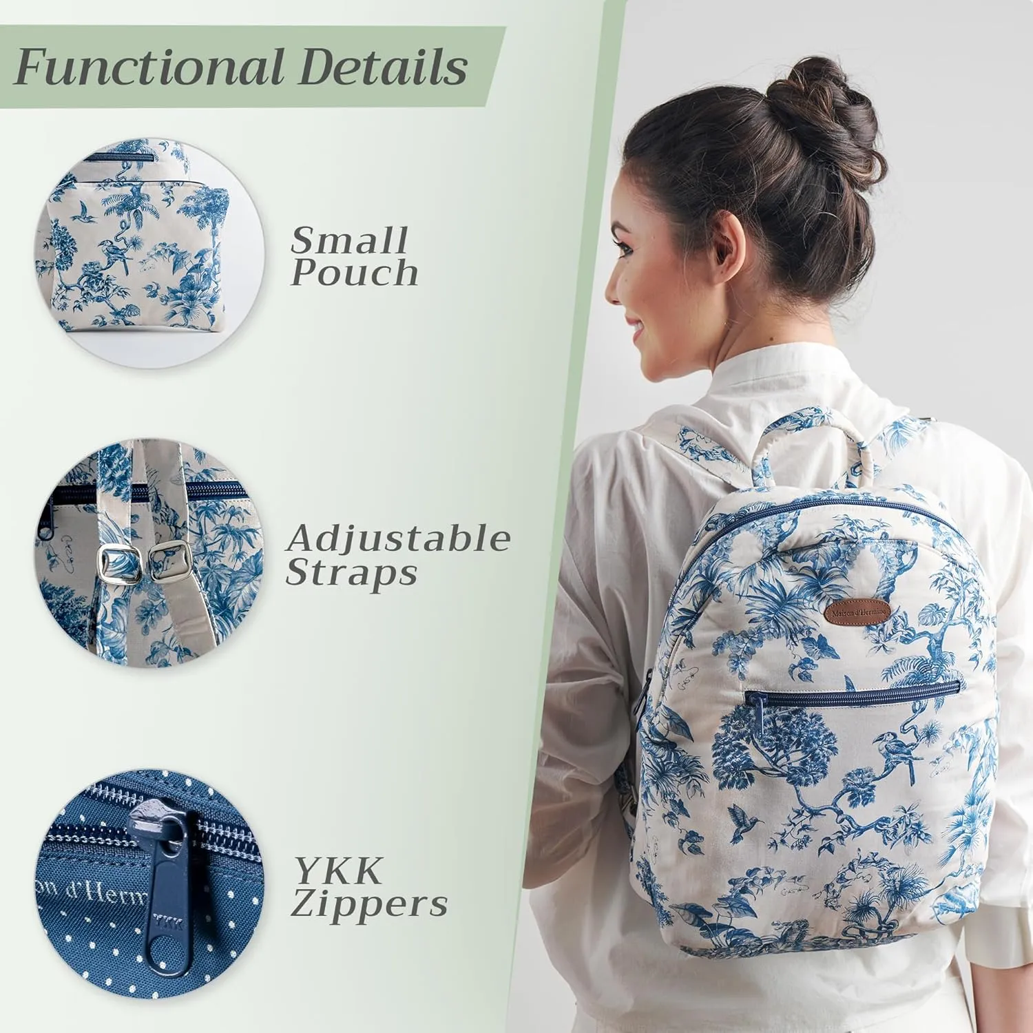 Maison d' Hermine Backpack for Women Men Cotton Shoulder Multipurpose Rucksack with Small Pouch Lightweight Multi Pocket Bag for Travel Work Beach Daypack Perfect for Gift (Bonobo - Blue)