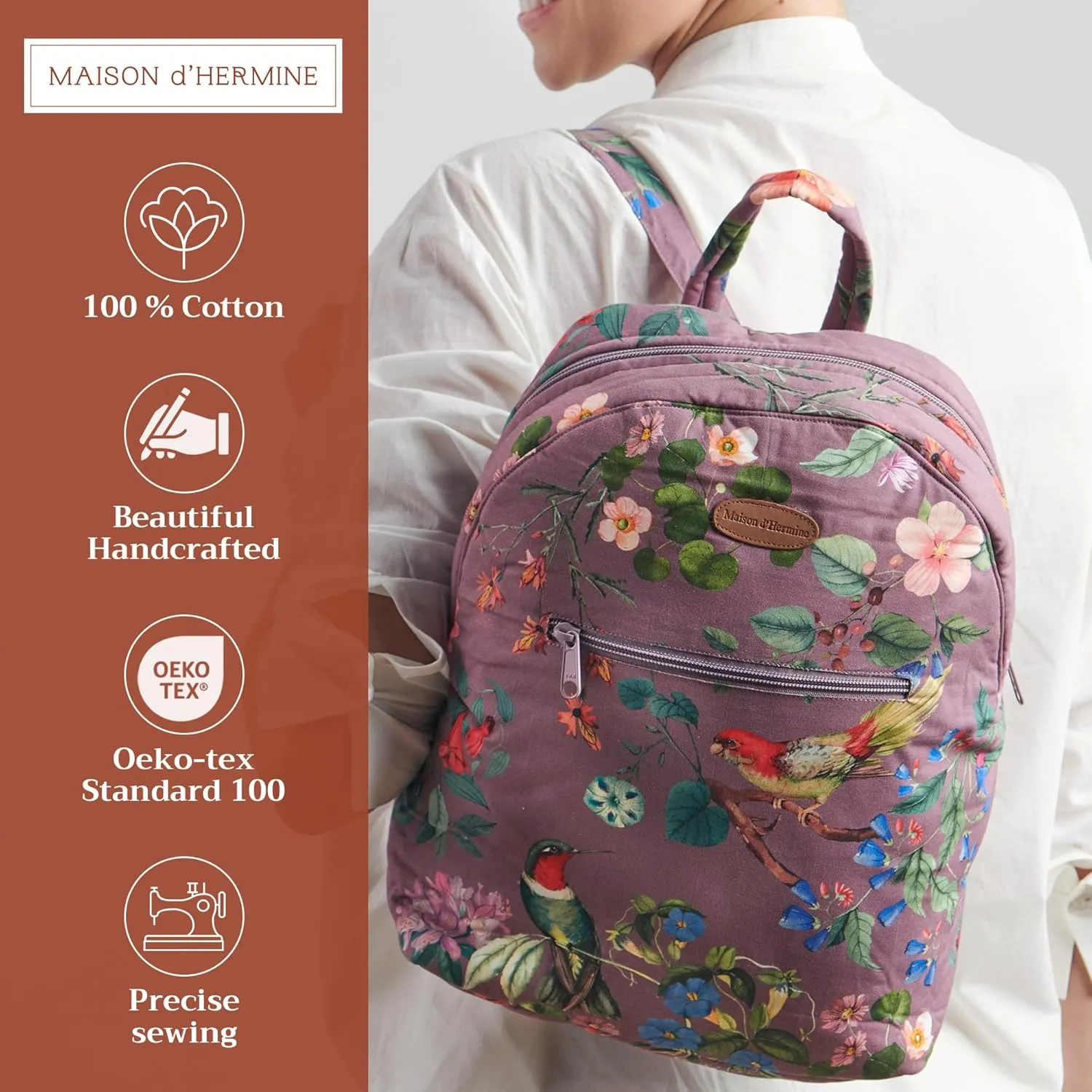 Maison d' Hermine Backpack for Women Men Cotton Shoulder Multipurpose Rucksack with Small Pouch Lightweight Multi Pocket Bag for Travel Work Beach Daypack Perfect for Gift (Eden - Violet)
