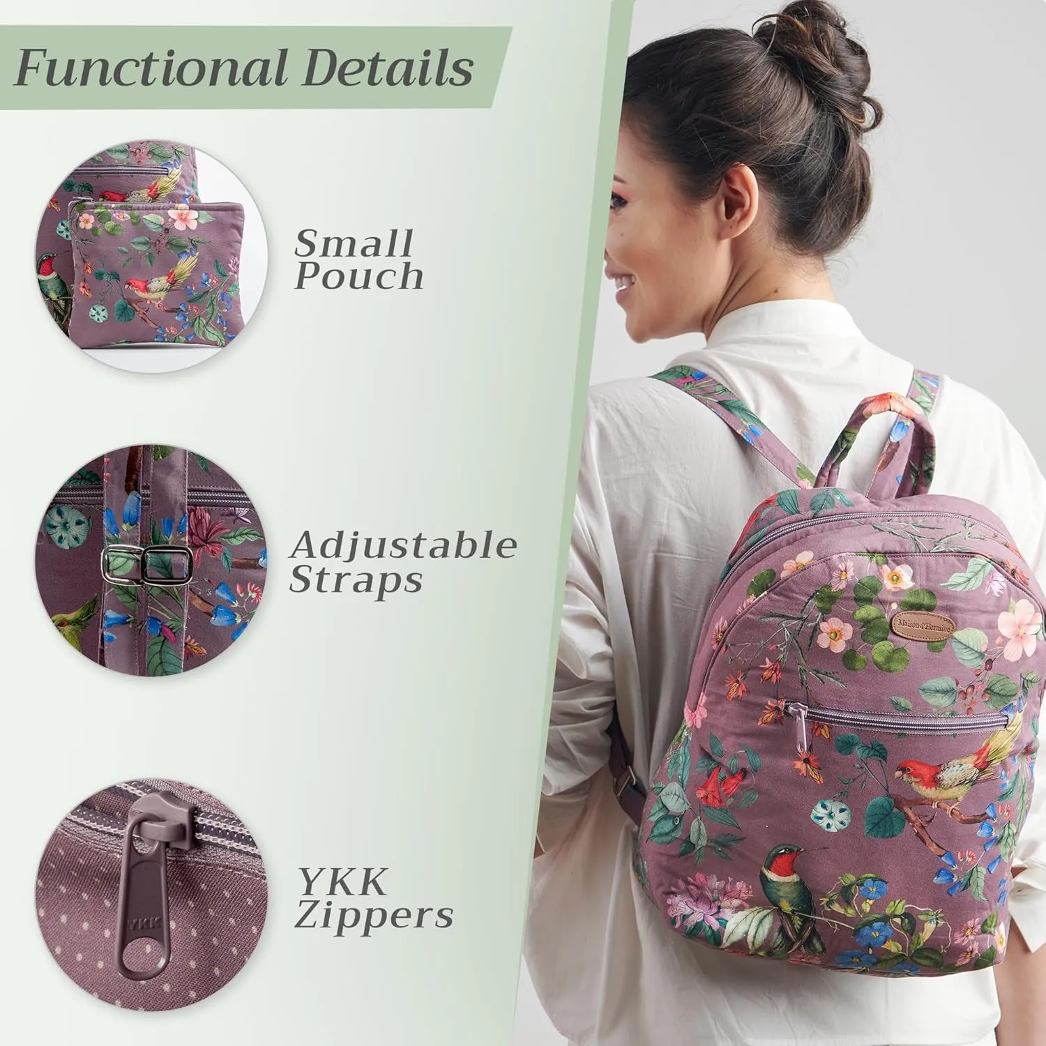 Maison d' Hermine Backpack for Women Men Cotton Shoulder Multipurpose Rucksack with Small Pouch Lightweight Multi Pocket Bag for Travel Work Beach Daypack Perfect for Gift (Eden - Violet)