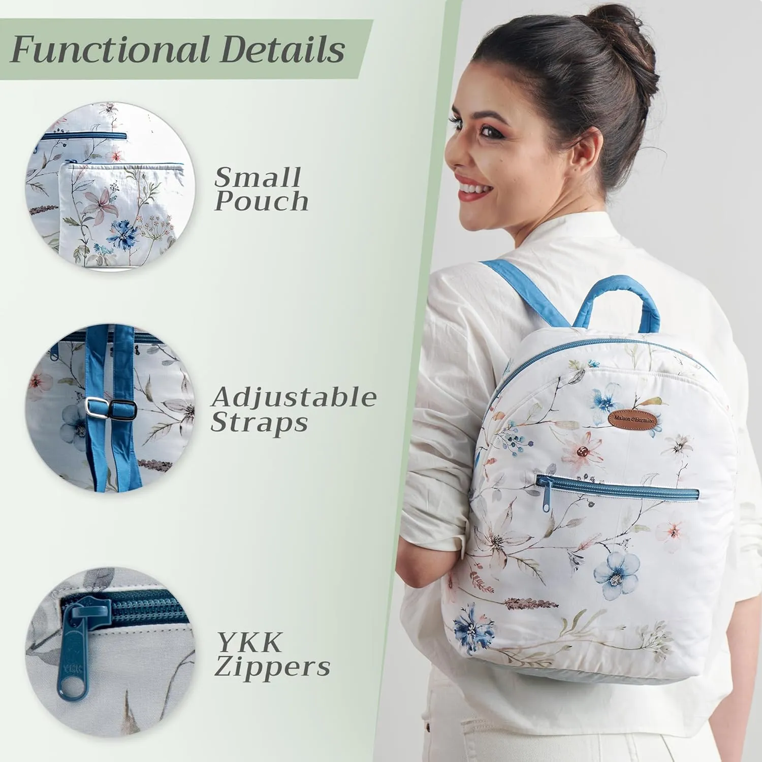 Maison d' Hermine Backpack for Women Men Cotton Shoulder Multipurpose Rucksack with Small Pouch Lightweight Multi Pocket Bag for Travel Work Beach Daypack Perfect for Gift (Ice Florals)