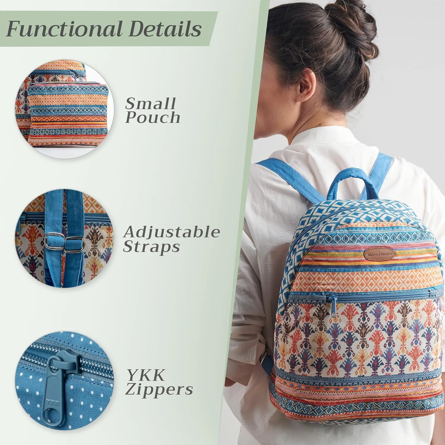 Maison d' Hermine Backpack for Women Men Cotton Shoulder Multipurpose Rucksack with Small Pouch Lightweight Multi Pocket Bag for Travel Work Beach Daypack Perfect for Gift (Ikat - Ikatan)