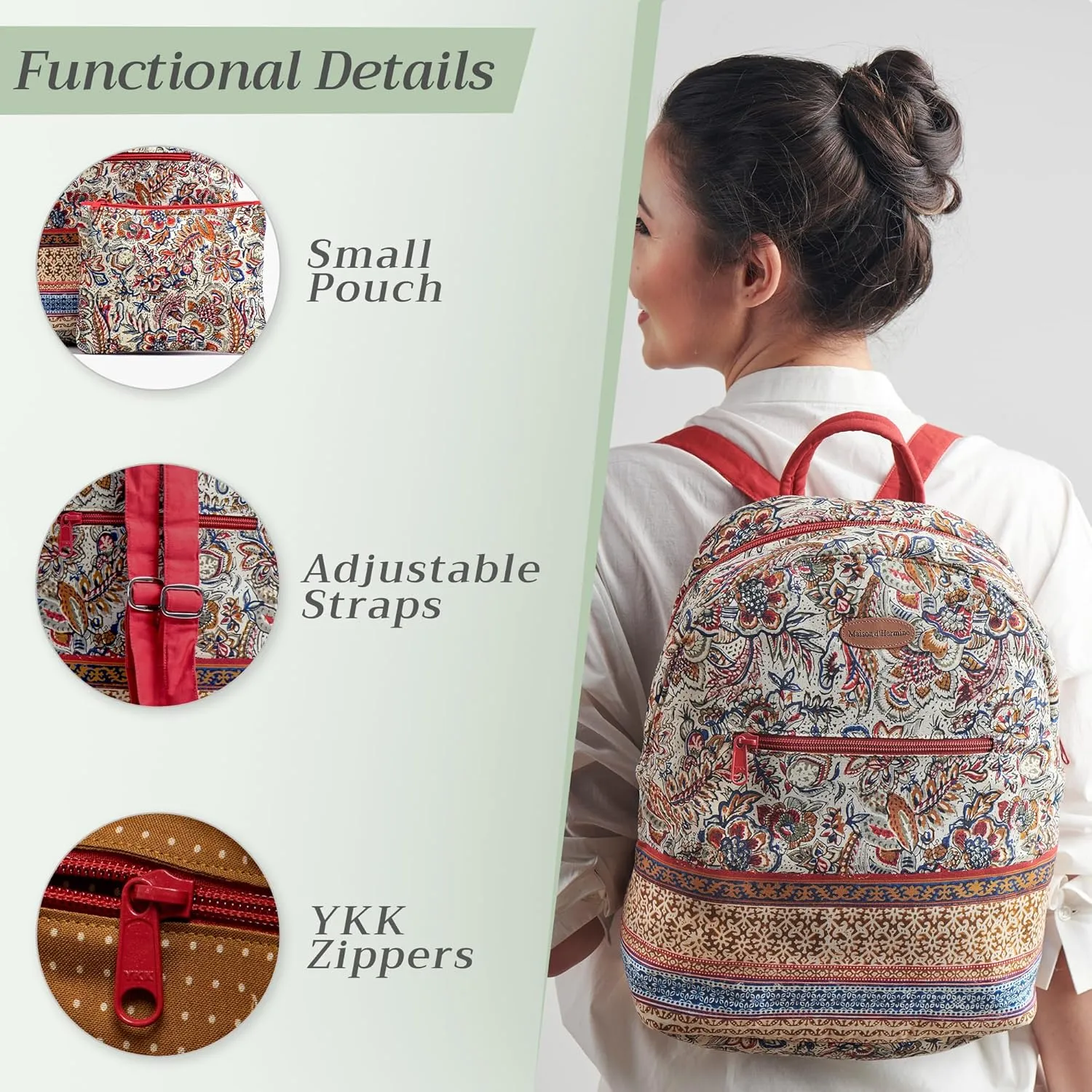 Maison d' Hermine Backpack for Women Men Cotton Shoulder Multipurpose Rucksack with Small Pouch Lightweight Multi Pocket Bag for Travel Work Beach Daypack Perfect for Gift (Jaipur)
