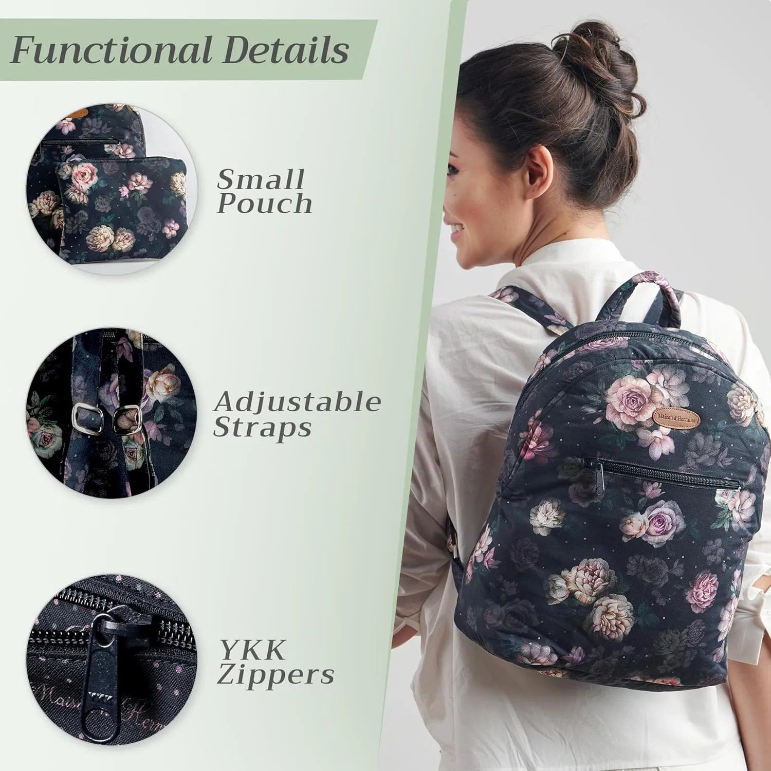 Maison d' Hermine Backpack for Women Men Cotton Shoulder Multipurpose Rucksack with Small Pouch Lightweight Multi Pocket Bag for Travel Work Beach Daypack Perfect for Gift (Moody Florals)