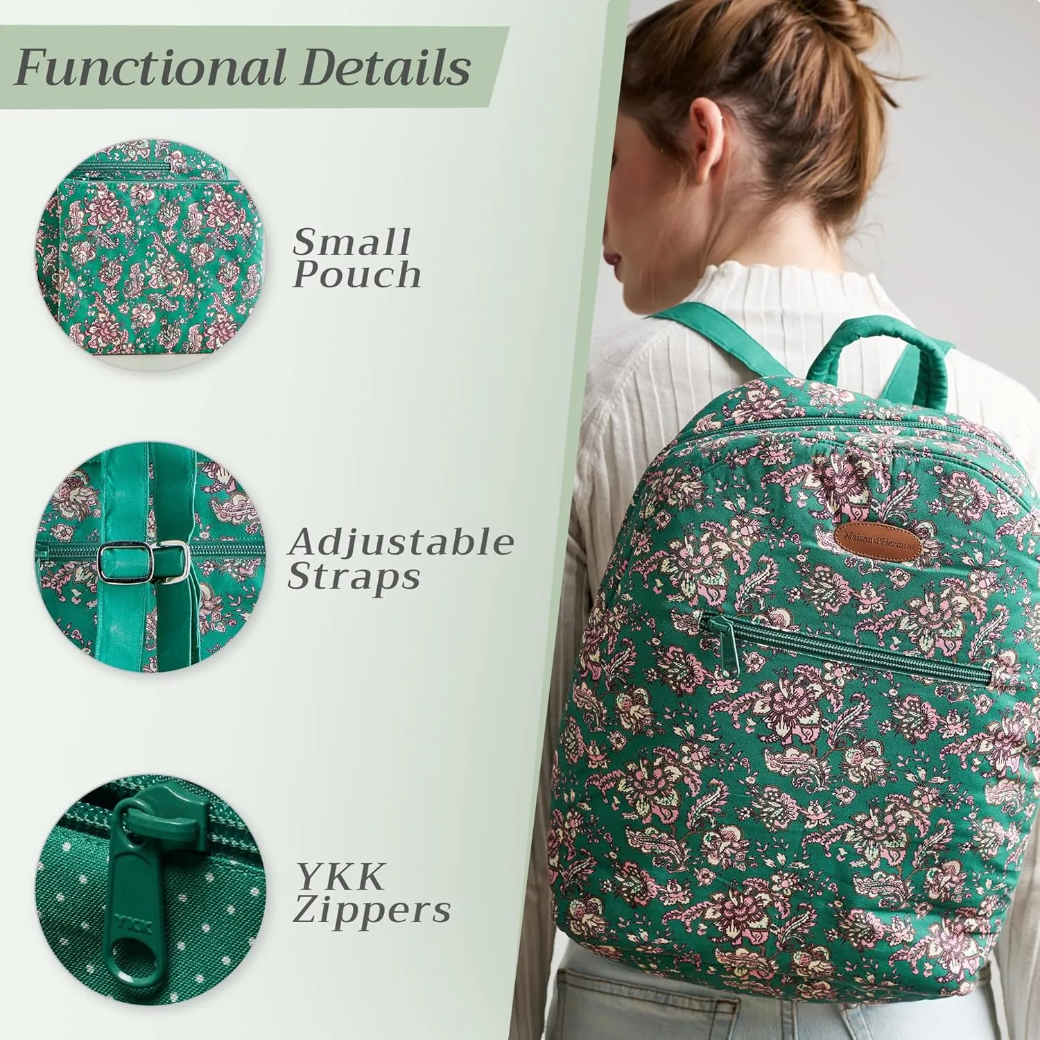 Maison d' Hermine Backpack for Women Men Cotton Shoulder Multipurpose Rucksack with Small Pouch Lightweight Multi Pocket Bag for Travel Work Beach Daypack Perfect for Gift (Surya - Green)