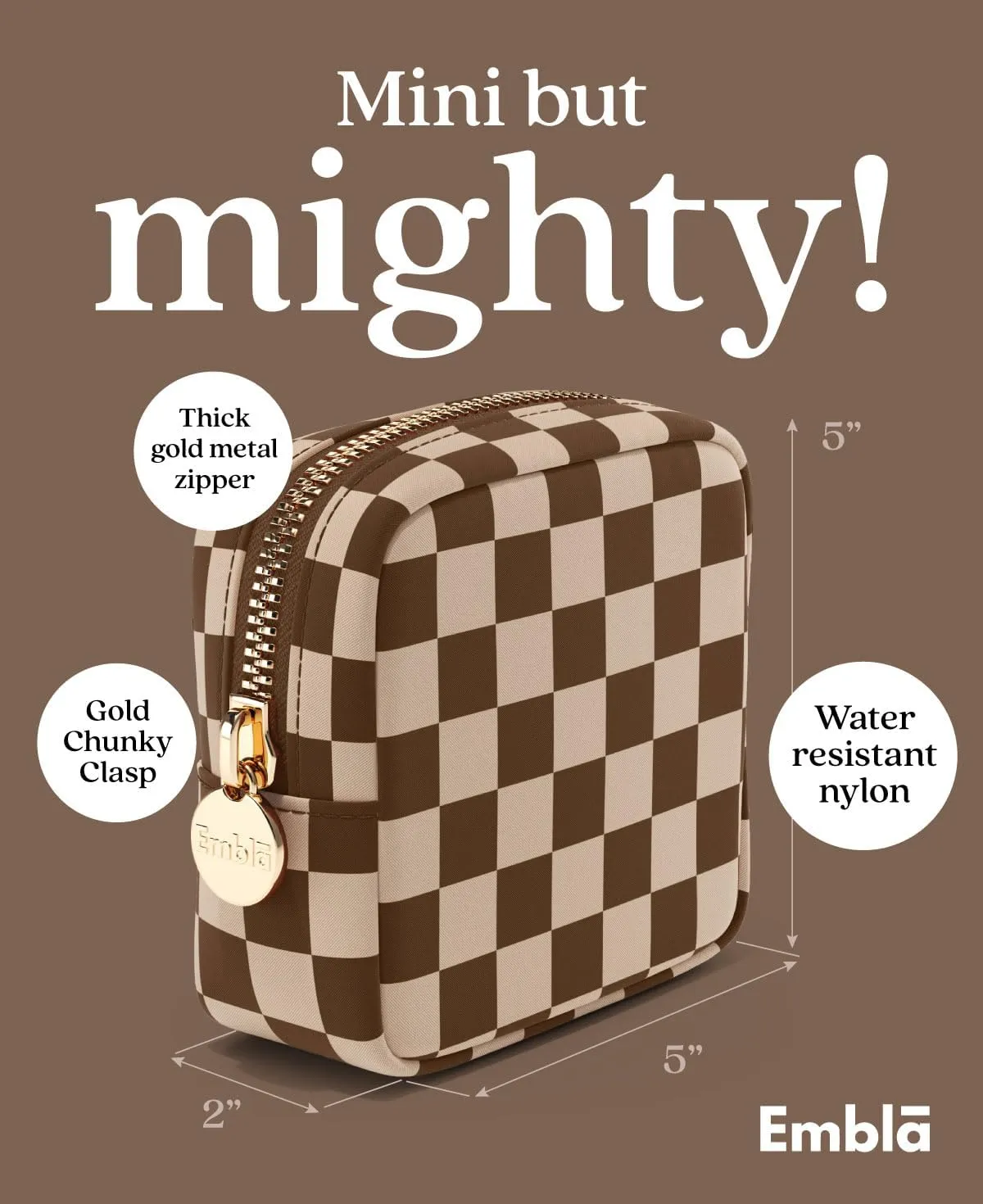Makeup Bag Travel Cosmetics Pouch and Toiletry Bag, Nylon Zipper Pouch Purse, Cute Make Up Organizer Storage Tote for Women Girls, Travel Skincare Case, Mini Makeup Case, Chocolate Sand Checkered