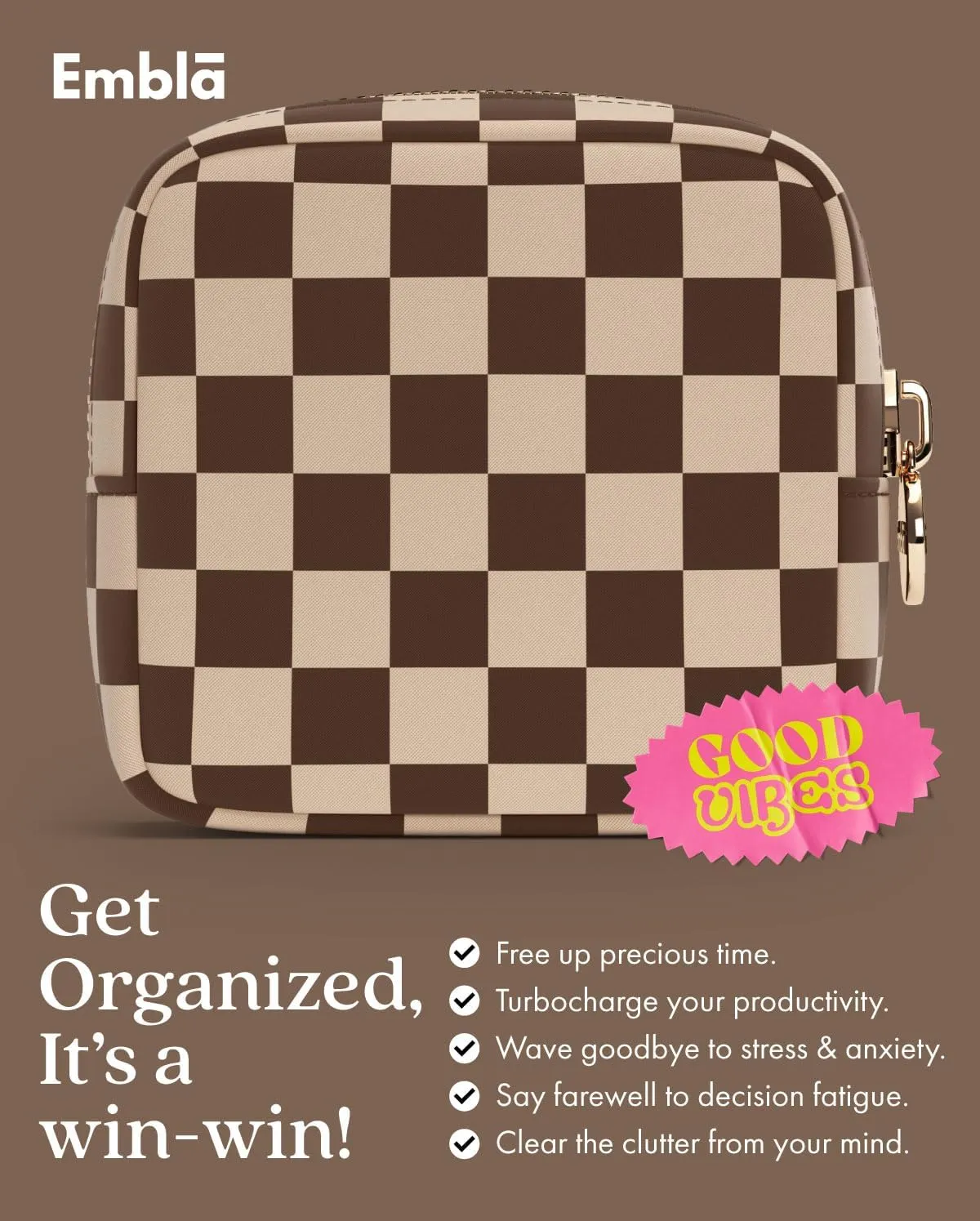 Makeup Bag Travel Cosmetics Pouch and Toiletry Bag, Nylon Zipper Pouch Purse, Cute Make Up Organizer Storage Tote for Women Girls, Travel Skincare Case, Mini Makeup Case, Chocolate Sand Checkered