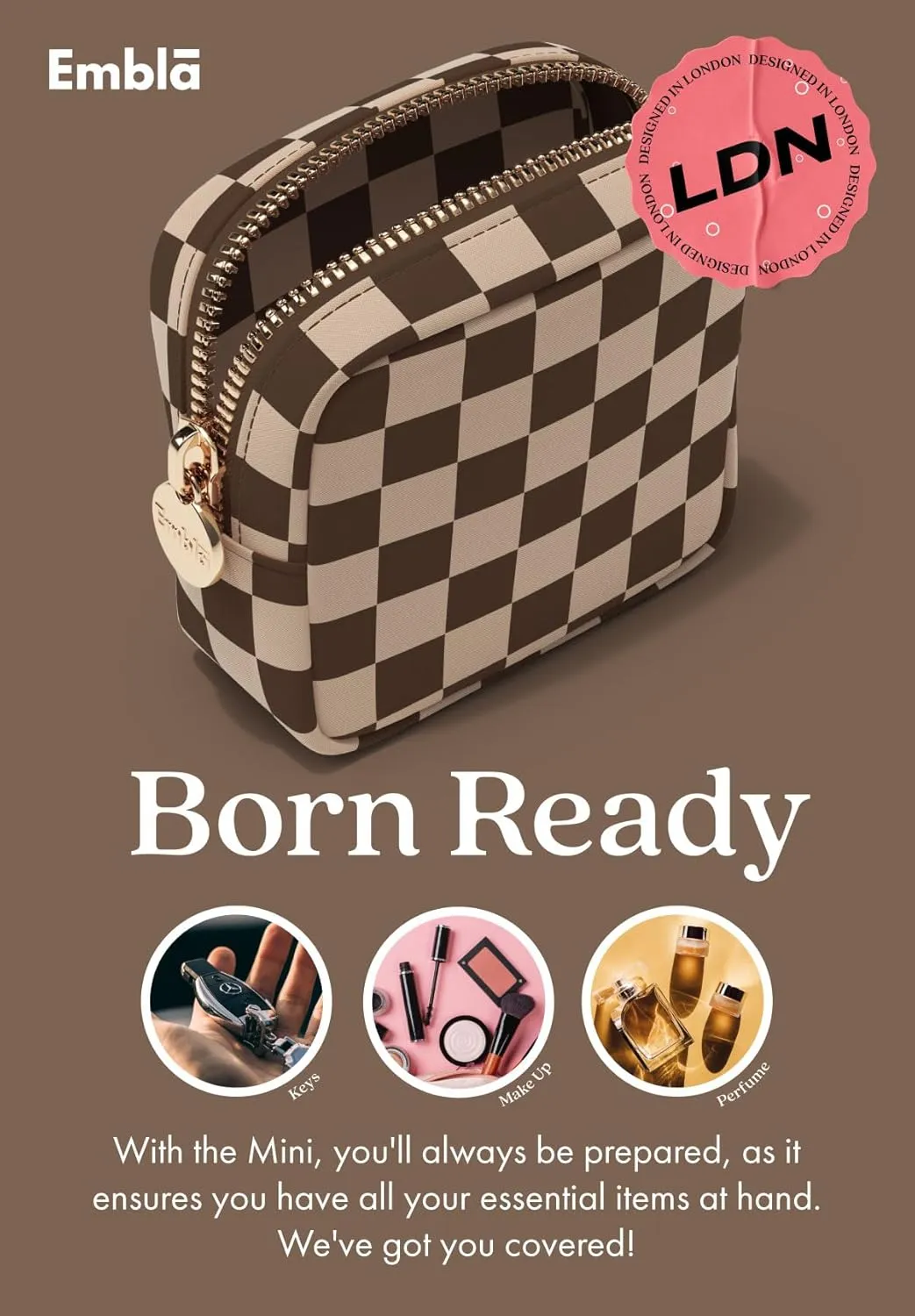 Makeup Bag Travel Cosmetics Pouch and Toiletry Bag, Nylon Zipper Pouch Purse, Cute Make Up Organizer Storage Tote for Women Girls, Travel Skincare Case, Mini Makeup Case, Chocolate Sand Checkered