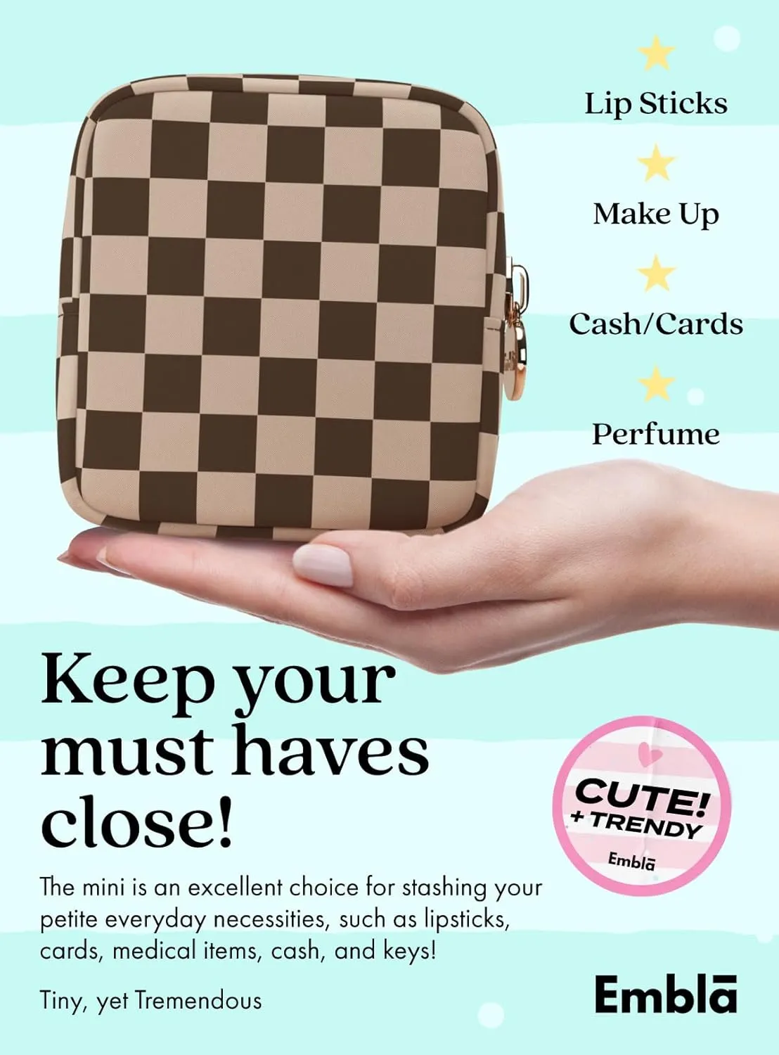 Makeup Bag Travel Cosmetics Pouch and Toiletry Bag, Nylon Zipper Pouch Purse, Cute Make Up Organizer Storage Tote for Women Girls, Travel Skincare Case, Mini Makeup Case, Chocolate Sand Checkered