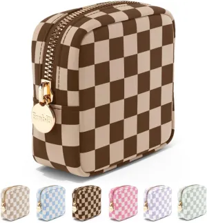 Makeup Bag Travel Cosmetics Pouch and Toiletry Bag, Nylon Zipper Pouch Purse, Cute Make Up Organizer Storage Tote for Women Girls, Travel Skincare Case, Mini Makeup Case, Chocolate Sand Checkered