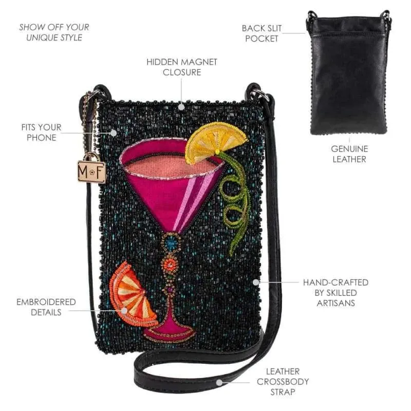Mary Frances Fierce Beaded Embroidered Take a Sip Leather Phone Glasses Bag Black