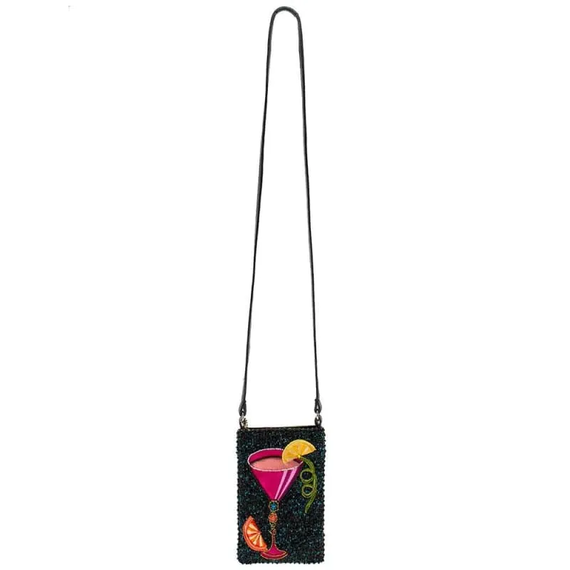 Mary Frances Fierce Beaded Embroidered Take a Sip Leather Phone Glasses Bag Black