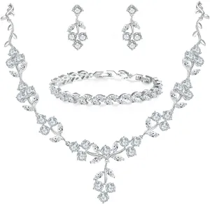 MASOP VOGU Wedding Jewelry for Bride Bridesmaid Bridal Jewelry Set for Wedding, White Gold Plated Necklace Bracelet Dangle Earrings Jewelry Set with Clear Cubic Zirconia Prom Party Jewelry for Women