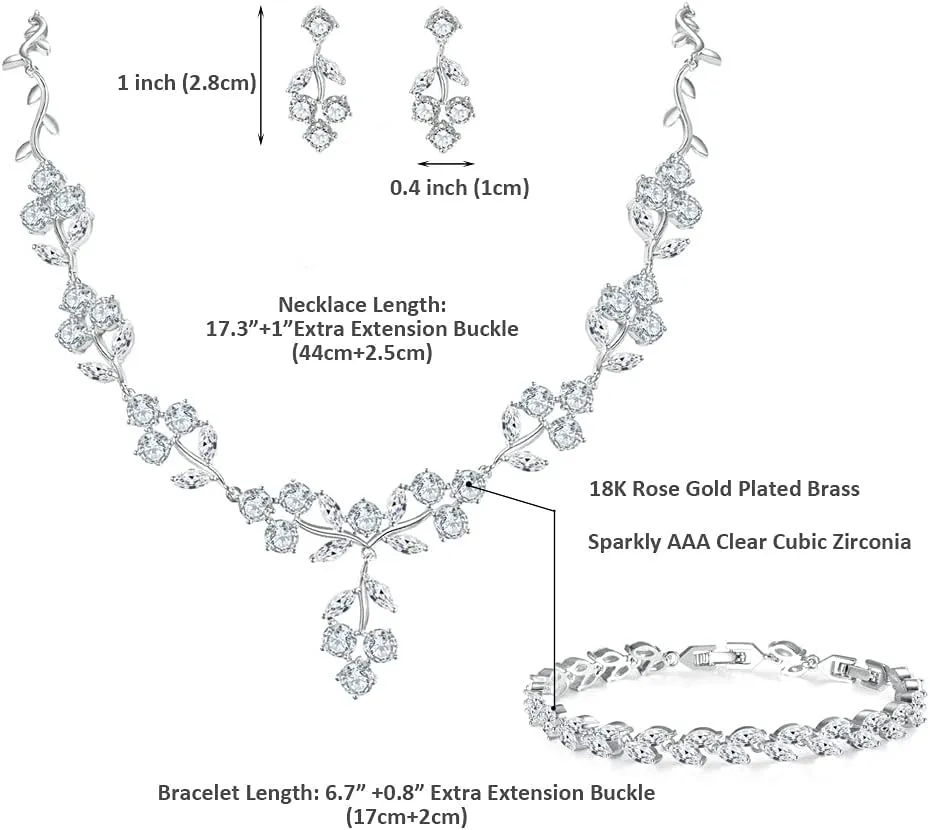 MASOP VOGU Wedding Jewelry for Bride Bridesmaid Bridal Jewelry Set for Wedding, White Gold Plated Necklace Bracelet Dangle Earrings Jewelry Set with Clear Cubic Zirconia Prom Party Jewelry for Women