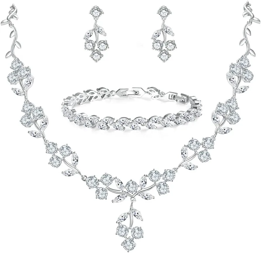 MASOP VOGU Wedding Jewelry for Bride Bridesmaid Bridal Jewelry Set for Wedding, White Gold Plated Necklace Bracelet Dangle Earrings Jewelry Set with Clear Cubic Zirconia Prom Party Jewelry for Women